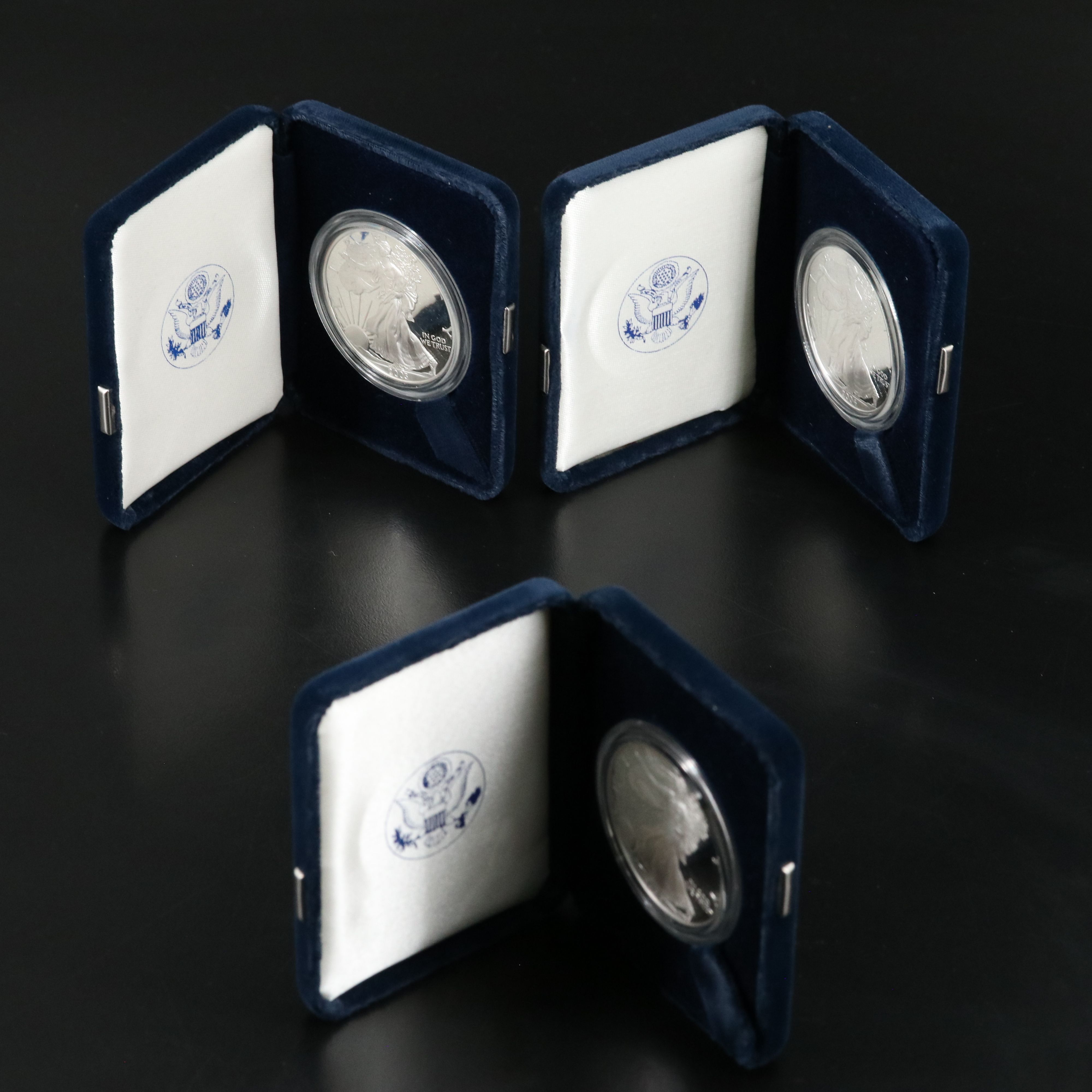 Three United States Proof Silver Eagles 2003, 2004, and 2005