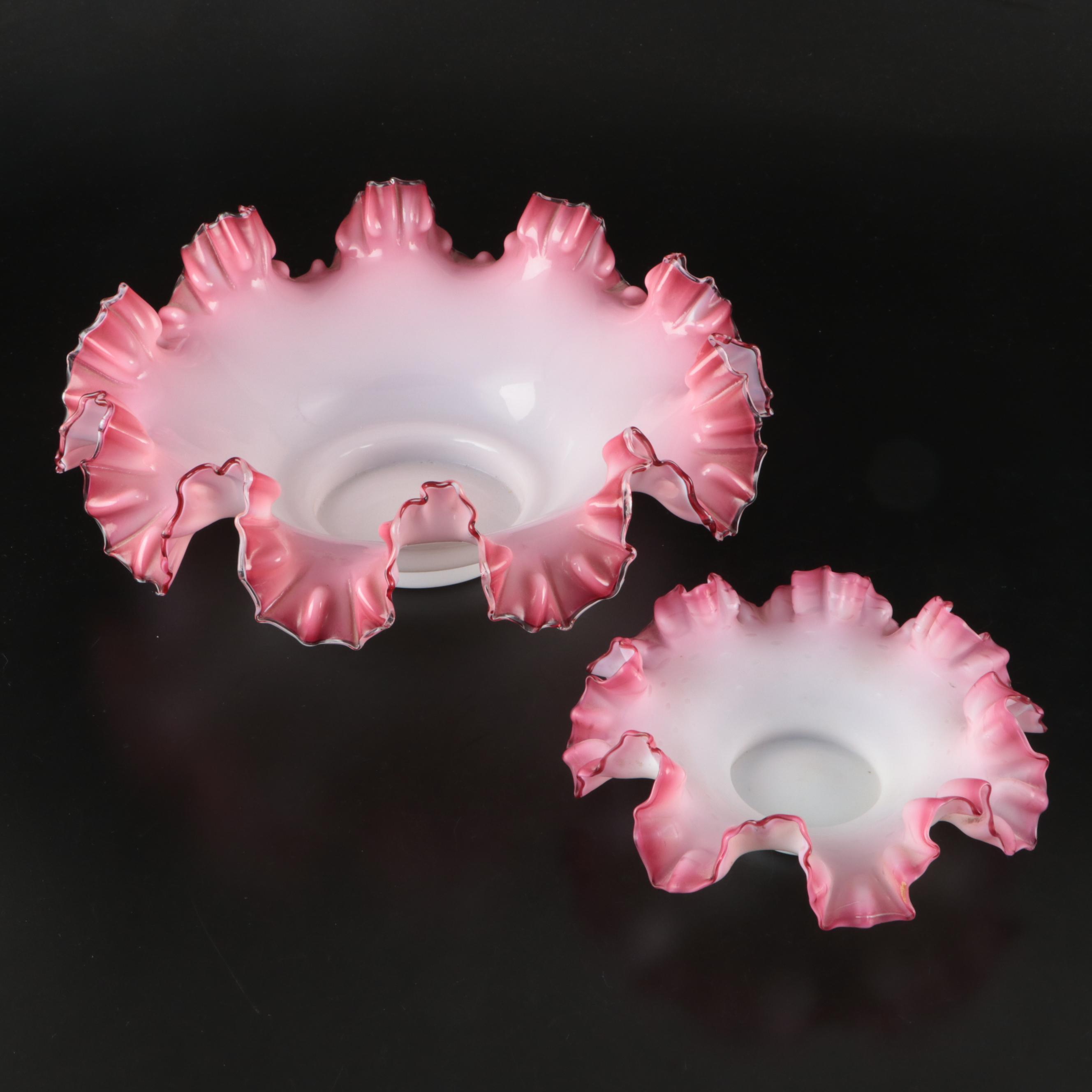 Fenton Style Ruffled Pink Crest Glass Bowls