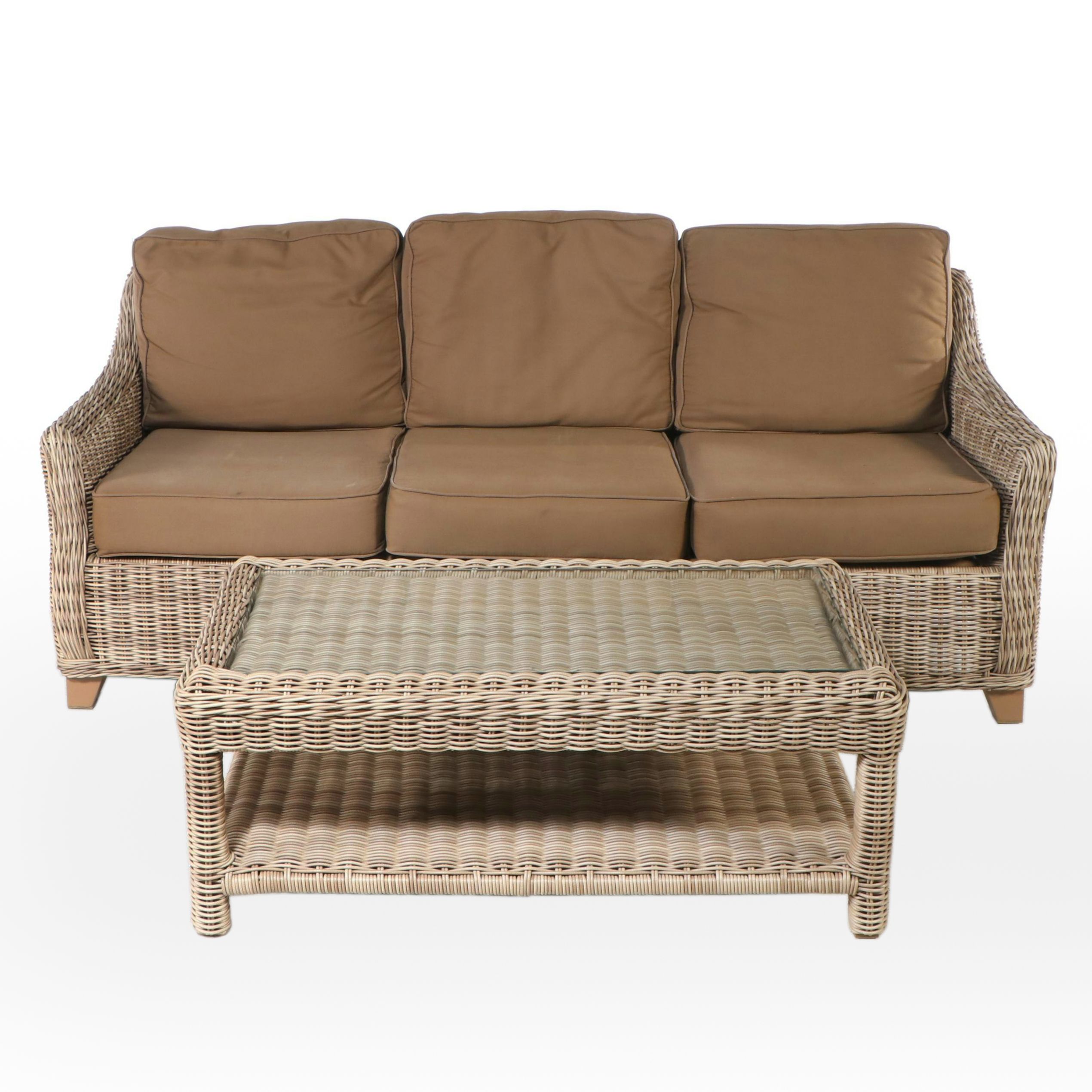 PE Rattan Sofa and Glass-Topped Coffee Table with Sunbrella Cushions