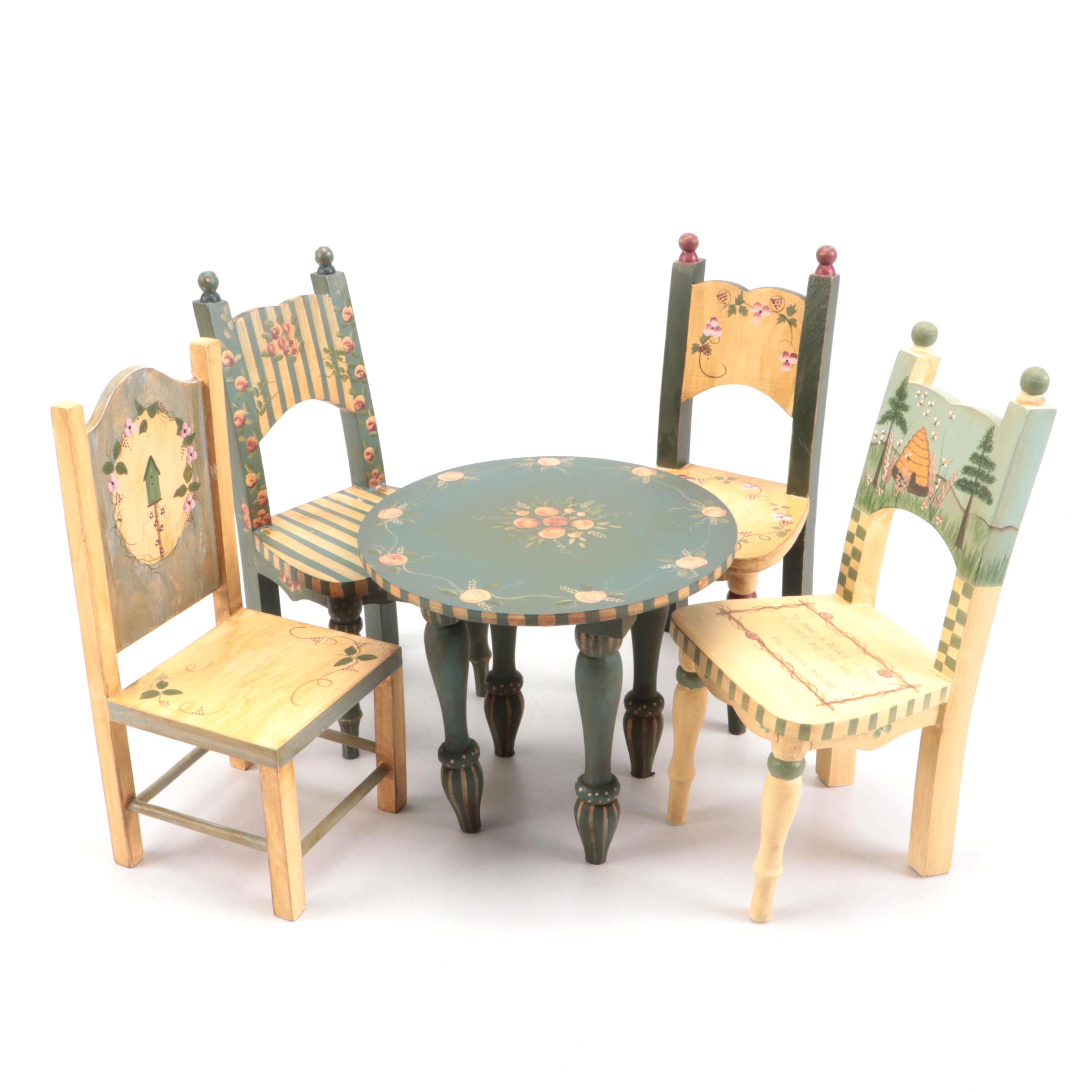 Mills River Folk Art Miniature Painted Chairs and Table, Late 20th/ Early 21st C