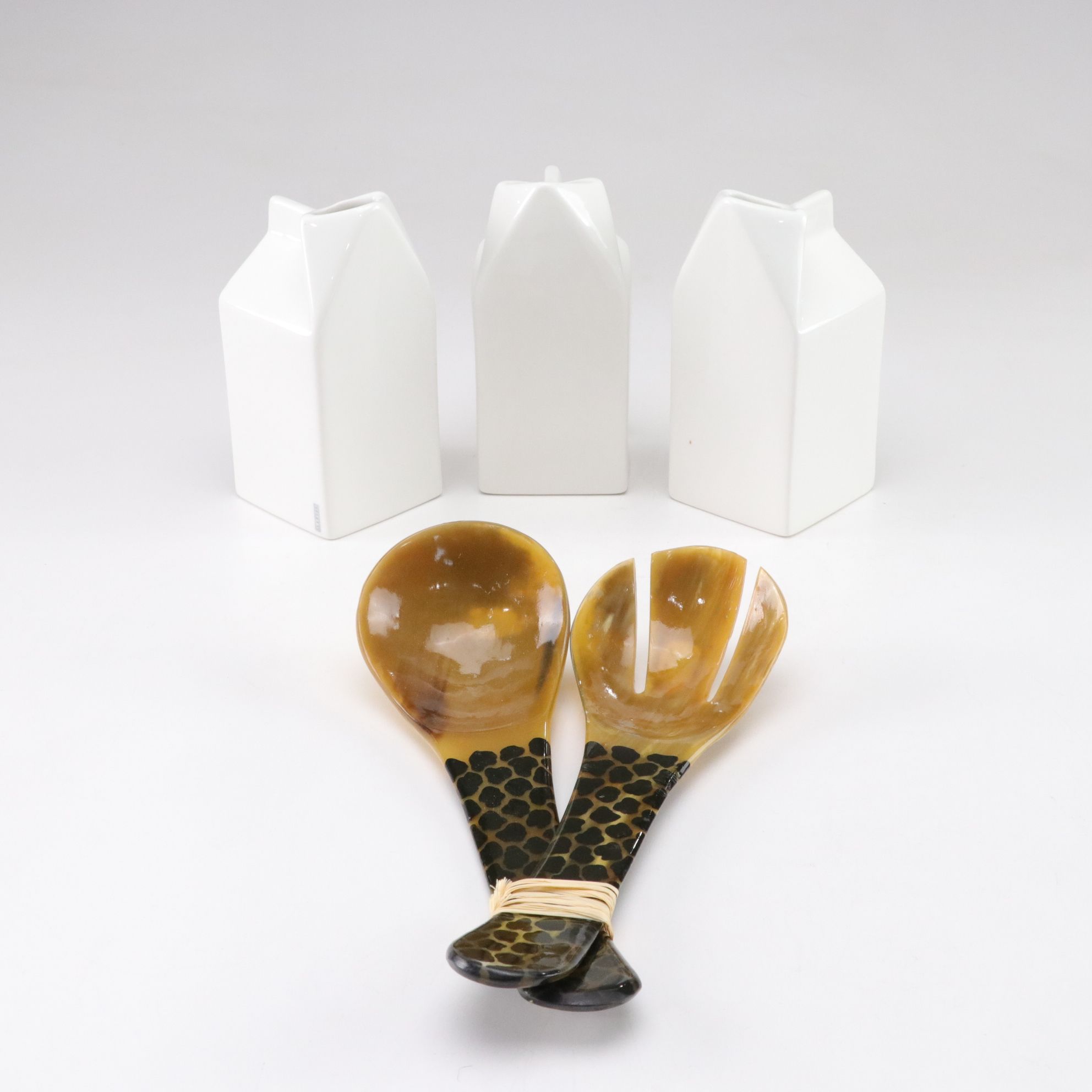 Seletti Ceramic Milk Carton Creamers with Giraffe Patterned Salad Servers