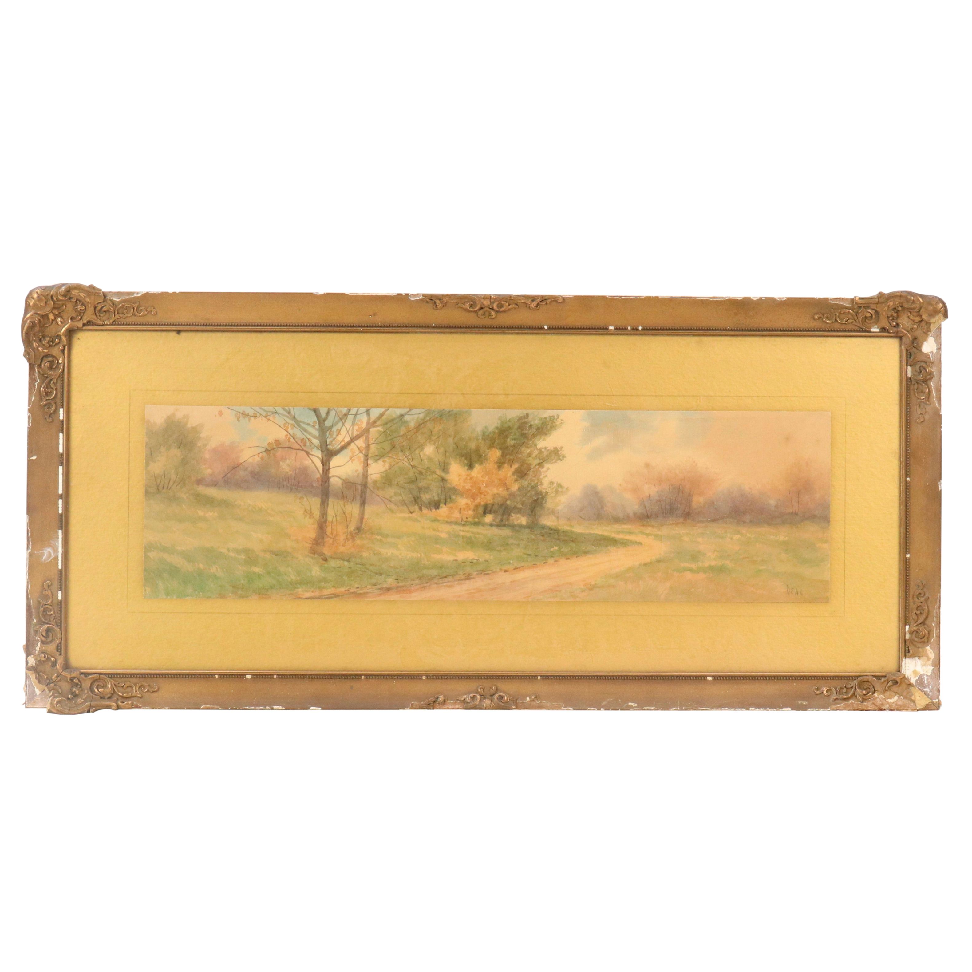 Landscape Watercolor Painting with Dirt Road, 19th Century