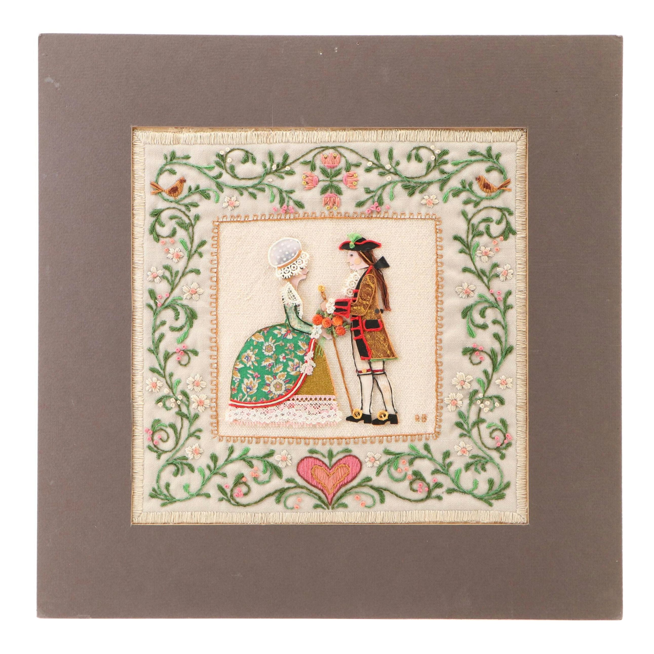 Embroidery and Fabric Collage Panel Featuring 18th Century Couple