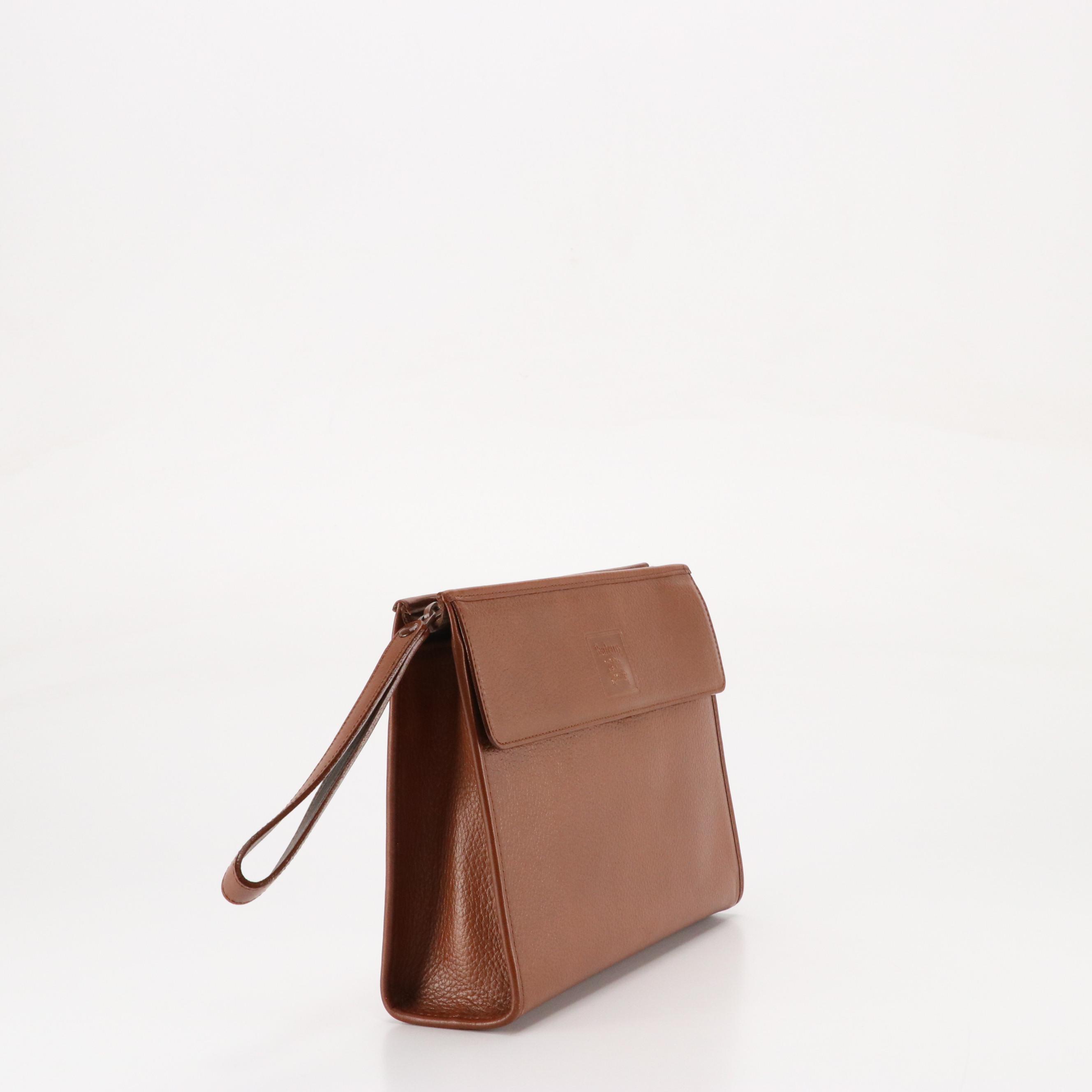 Burberrys Front Flap Pocket Wristelt Clutch in Brown Grained Leather