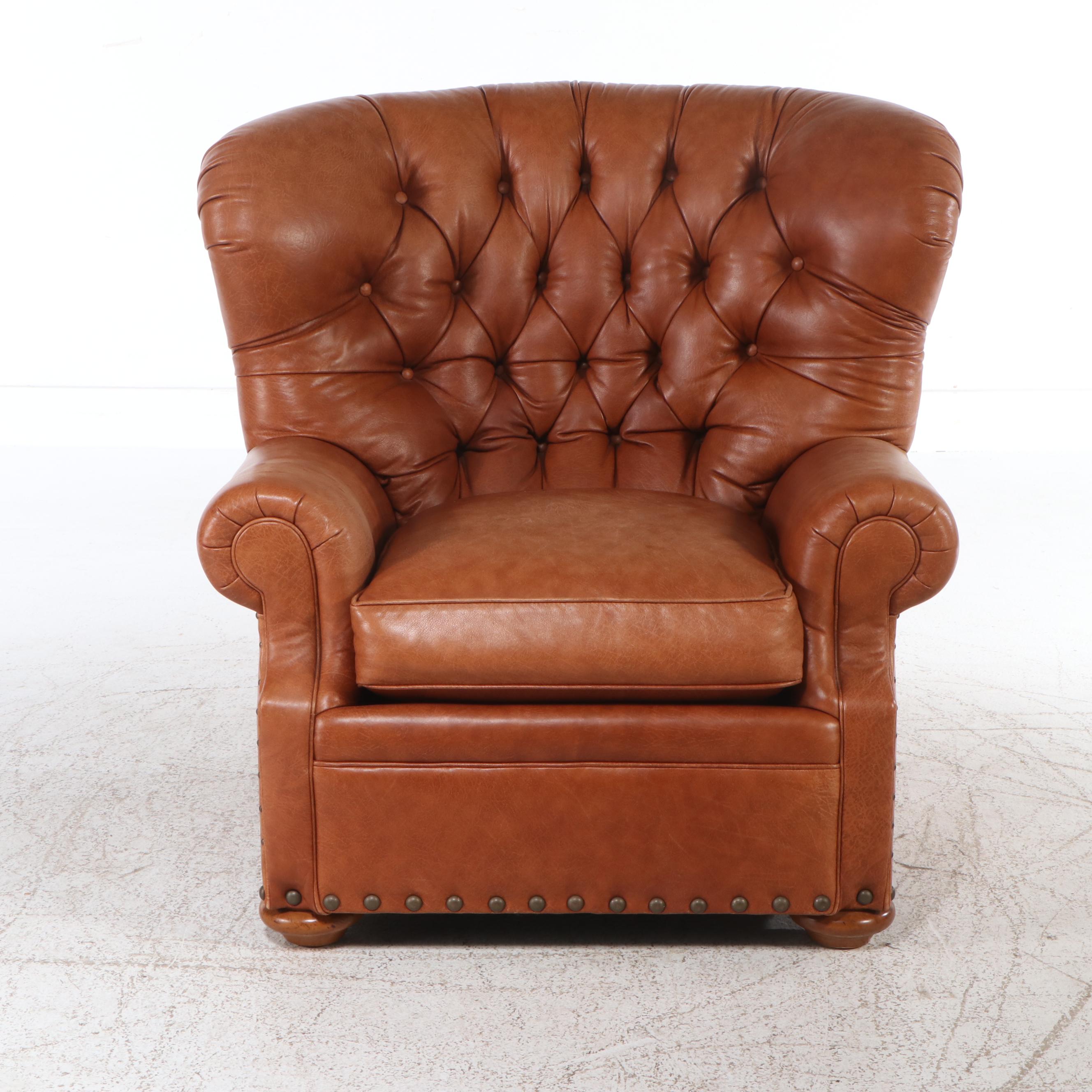 Thomasville Button-Tufted Leather Upholstered Club Chair and Ottoman