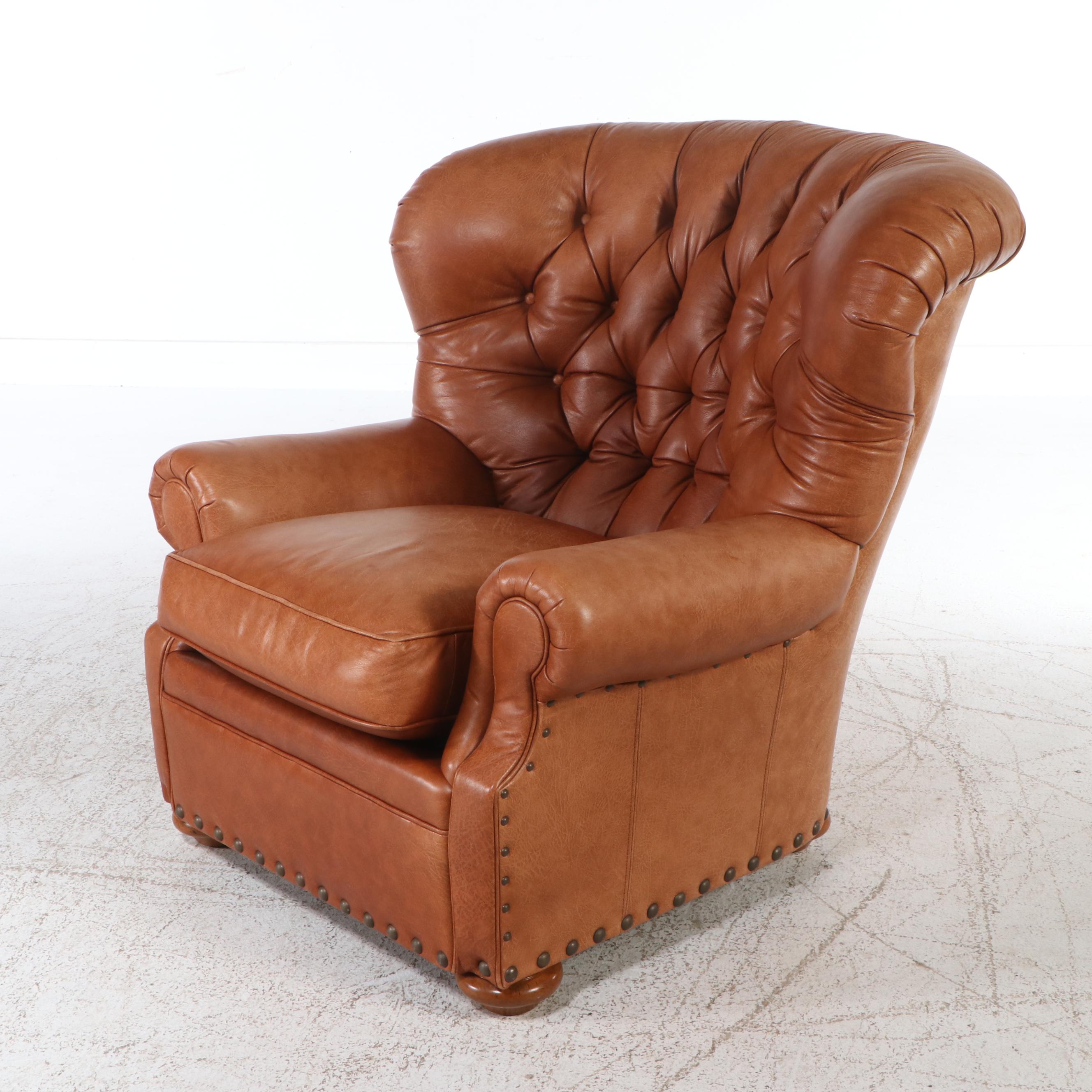 Thomasville Button-Tufted Leather Upholstered Club Chair and Ottoman