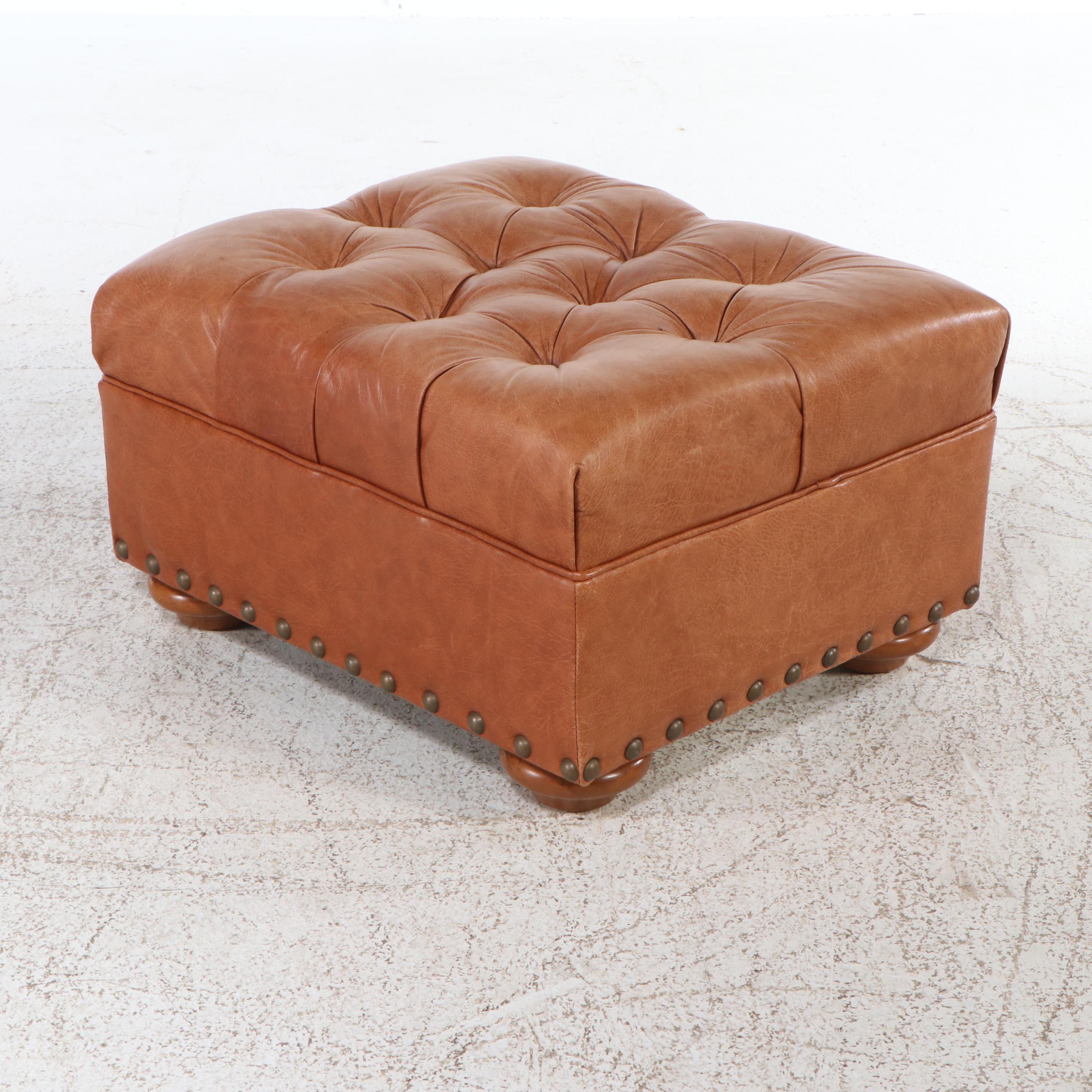 Thomasville Button-Tufted Leather Upholstered Club Chair and Ottoman