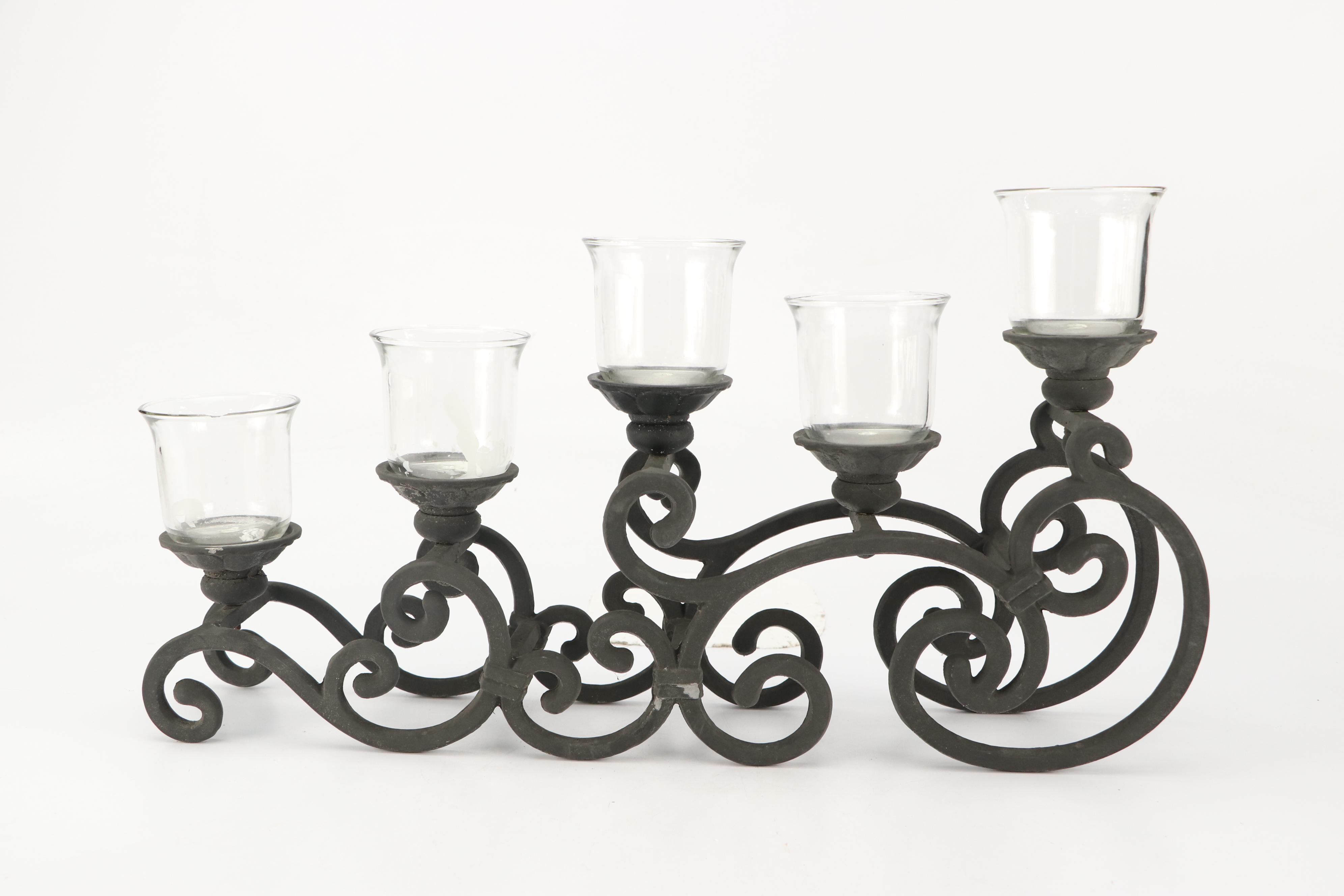 Art Nouveau Style Scrolled Wrought Iron Votive Holders with Yellow Ceramic Vase