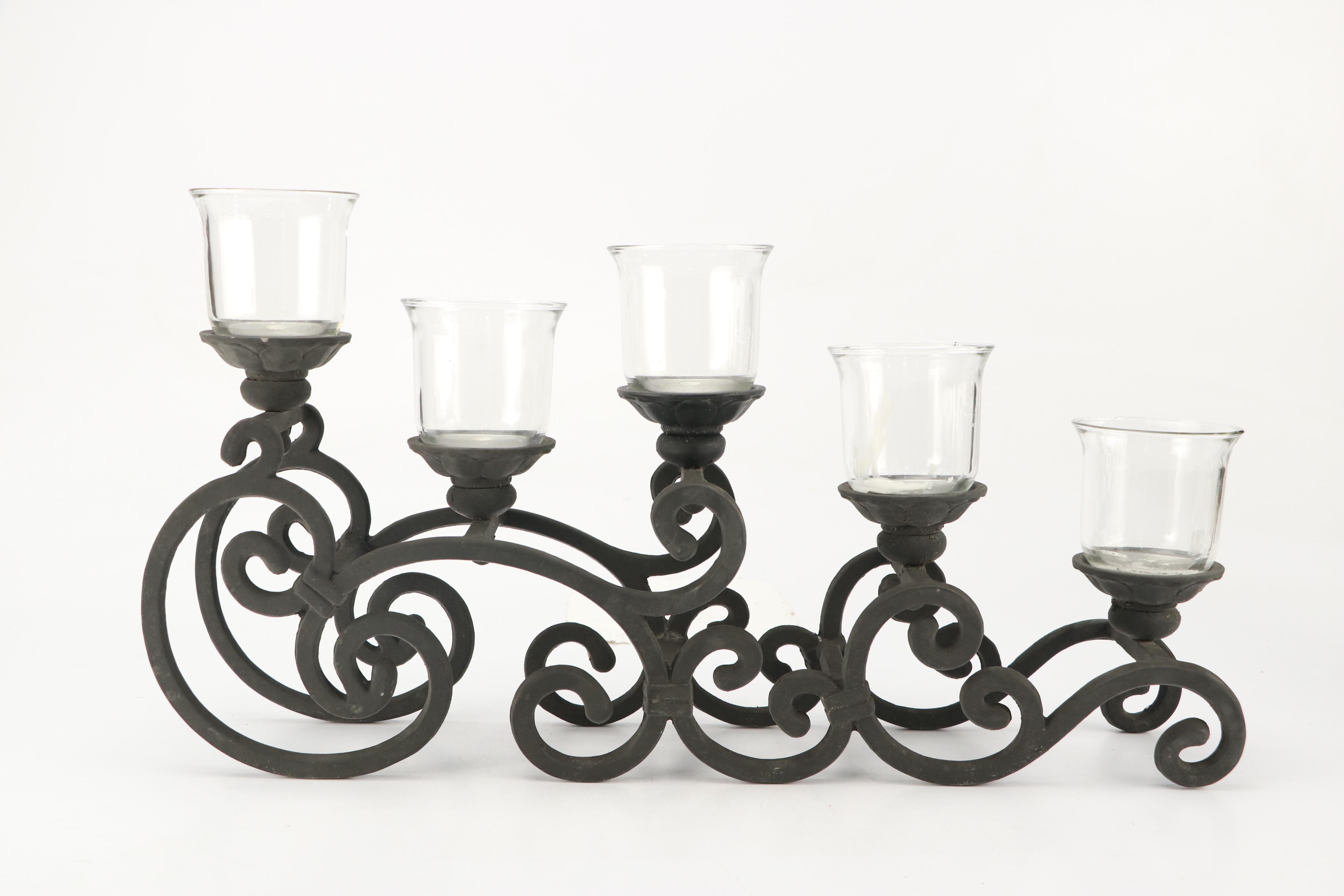 Art Nouveau Style Scrolled Wrought Iron Votive Holders with Yellow Ceramic Vase