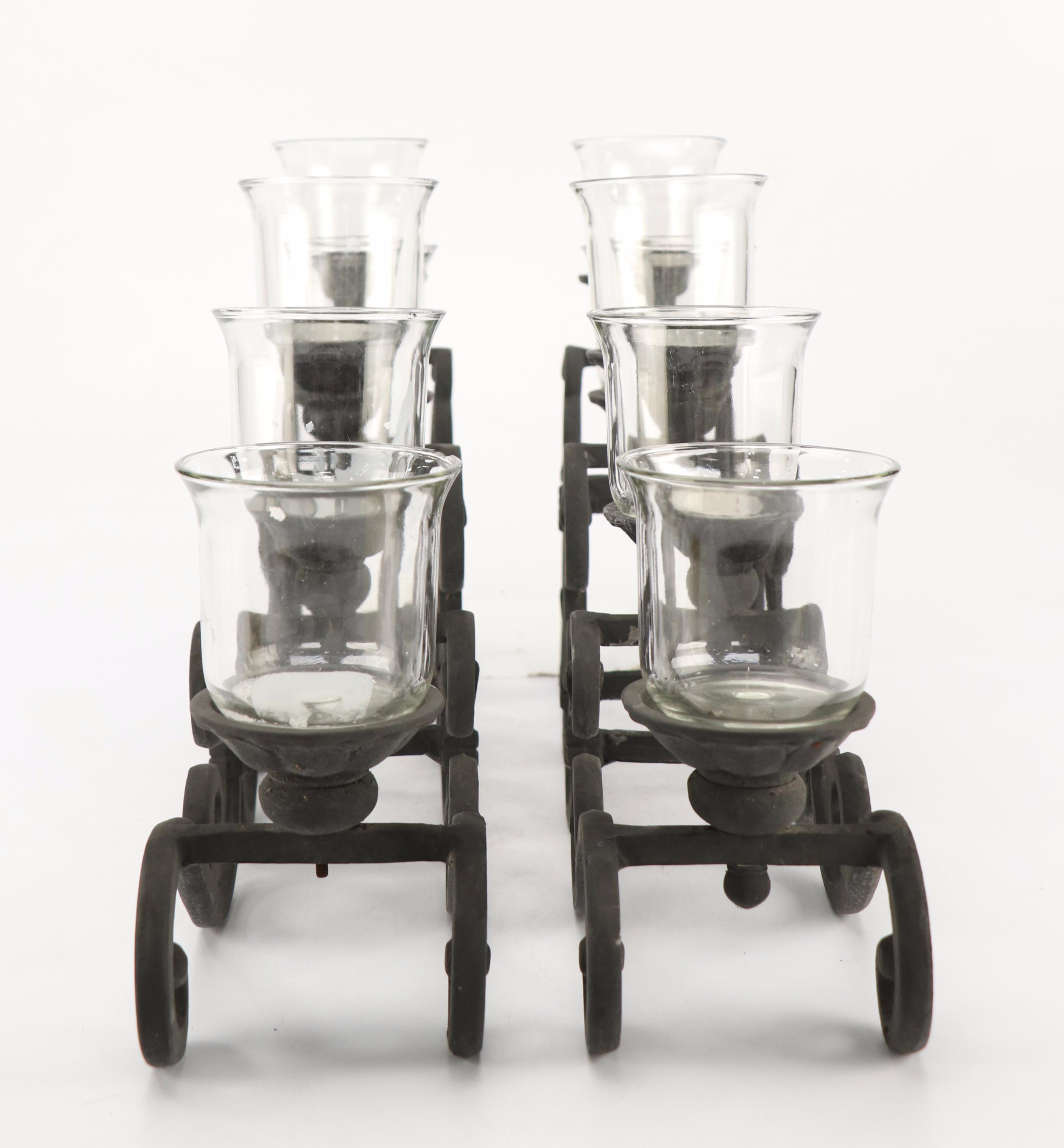 Art Nouveau Style Scrolled Wrought Iron Votive Holders with Yellow Ceramic Vase