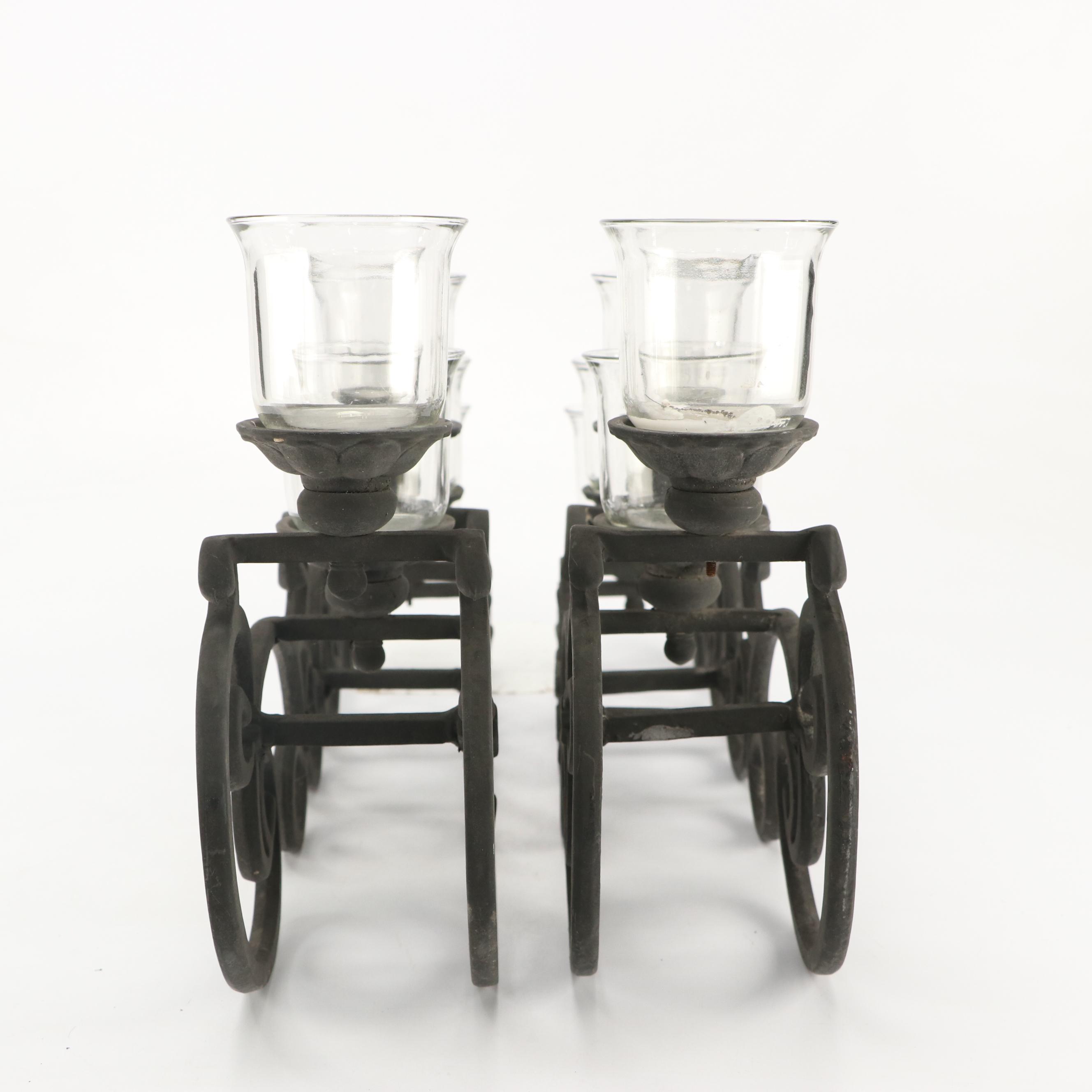 Art Nouveau Style Scrolled Wrought Iron Votive Holders with Yellow Ceramic Vase