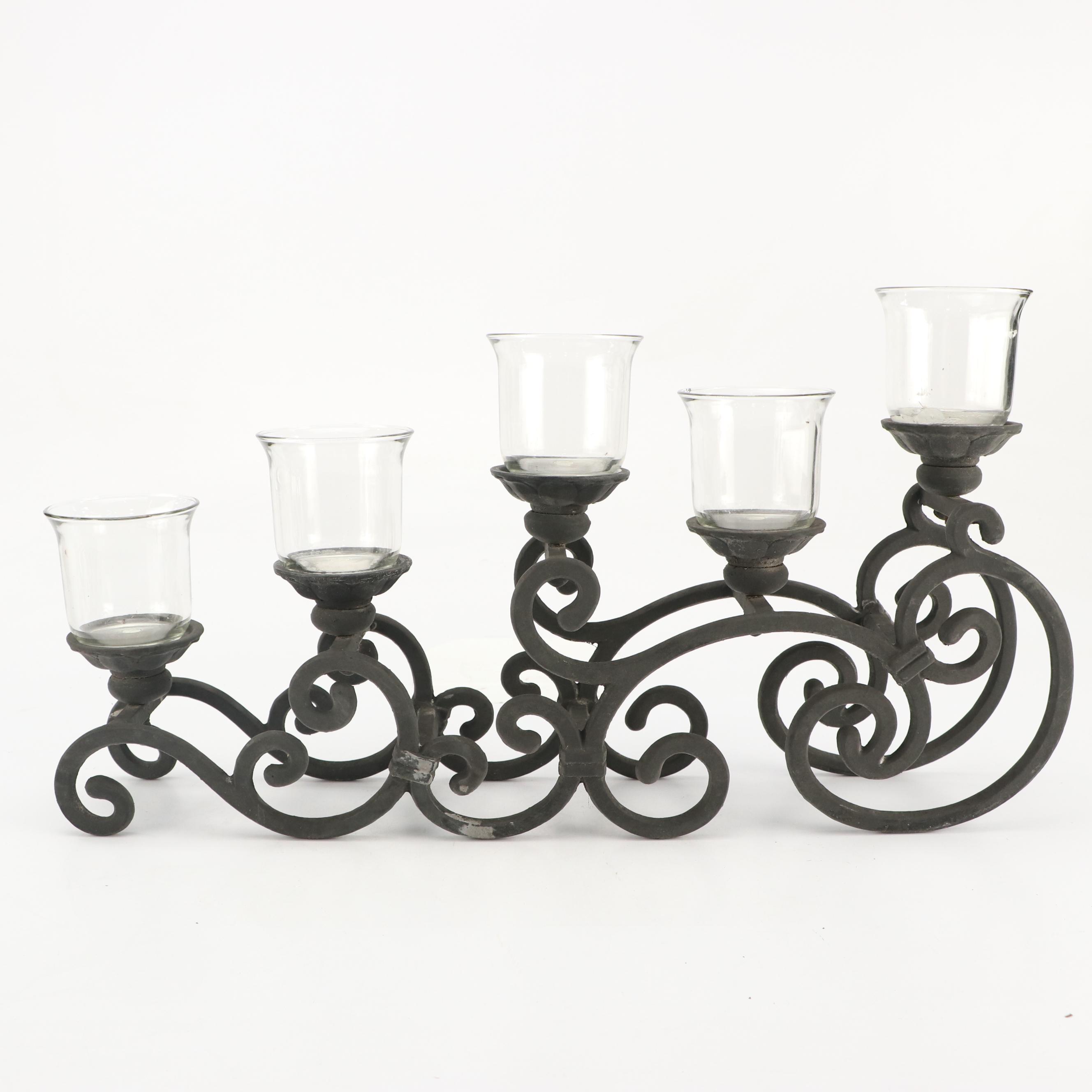 Art Nouveau Style Scrolled Wrought Iron Votive Holders with Yellow Ceramic Vase