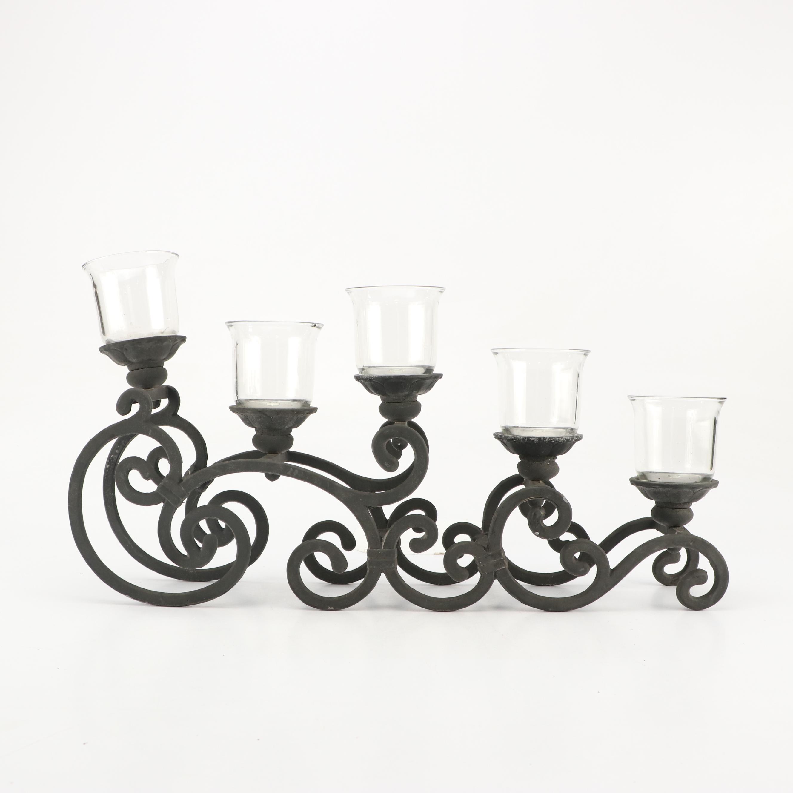 Art Nouveau Style Scrolled Wrought Iron Votive Holders with Yellow Ceramic Vase