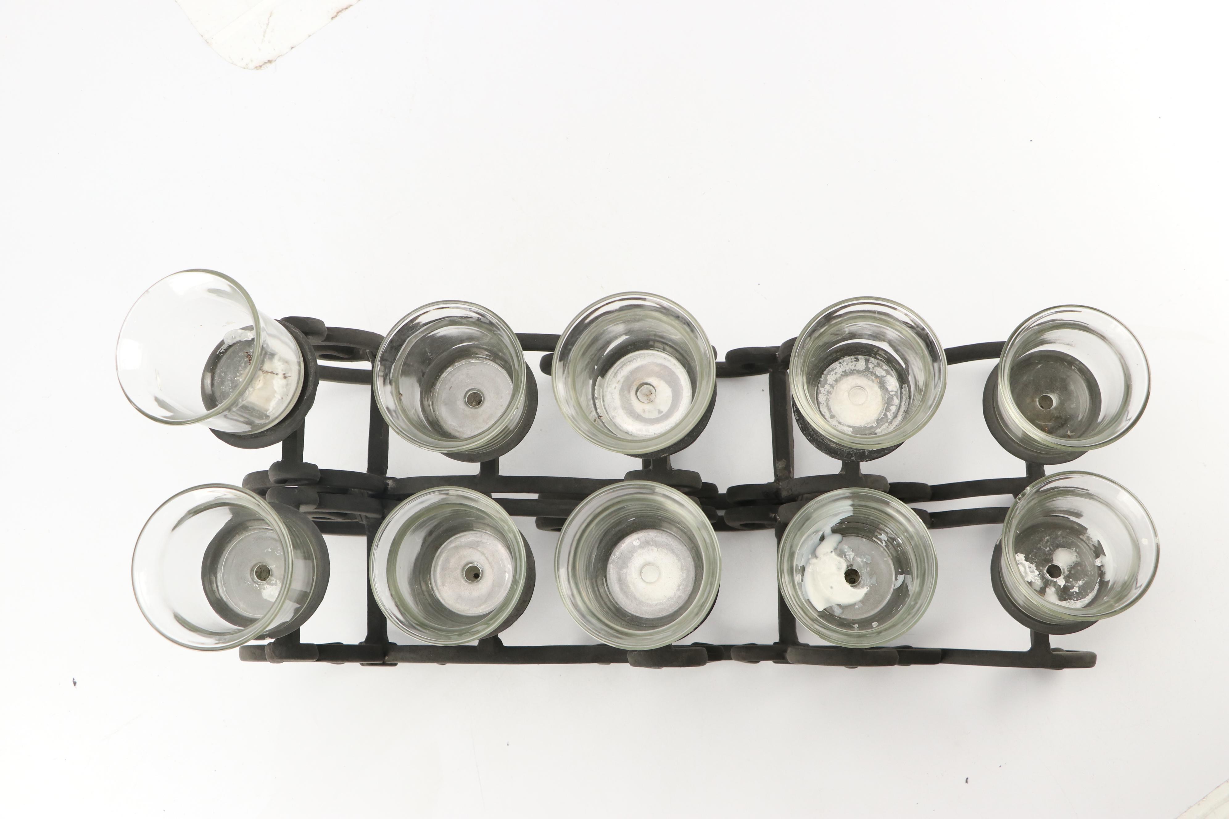 Art Nouveau Style Scrolled Wrought Iron Votive Holders with Yellow Ceramic Vase