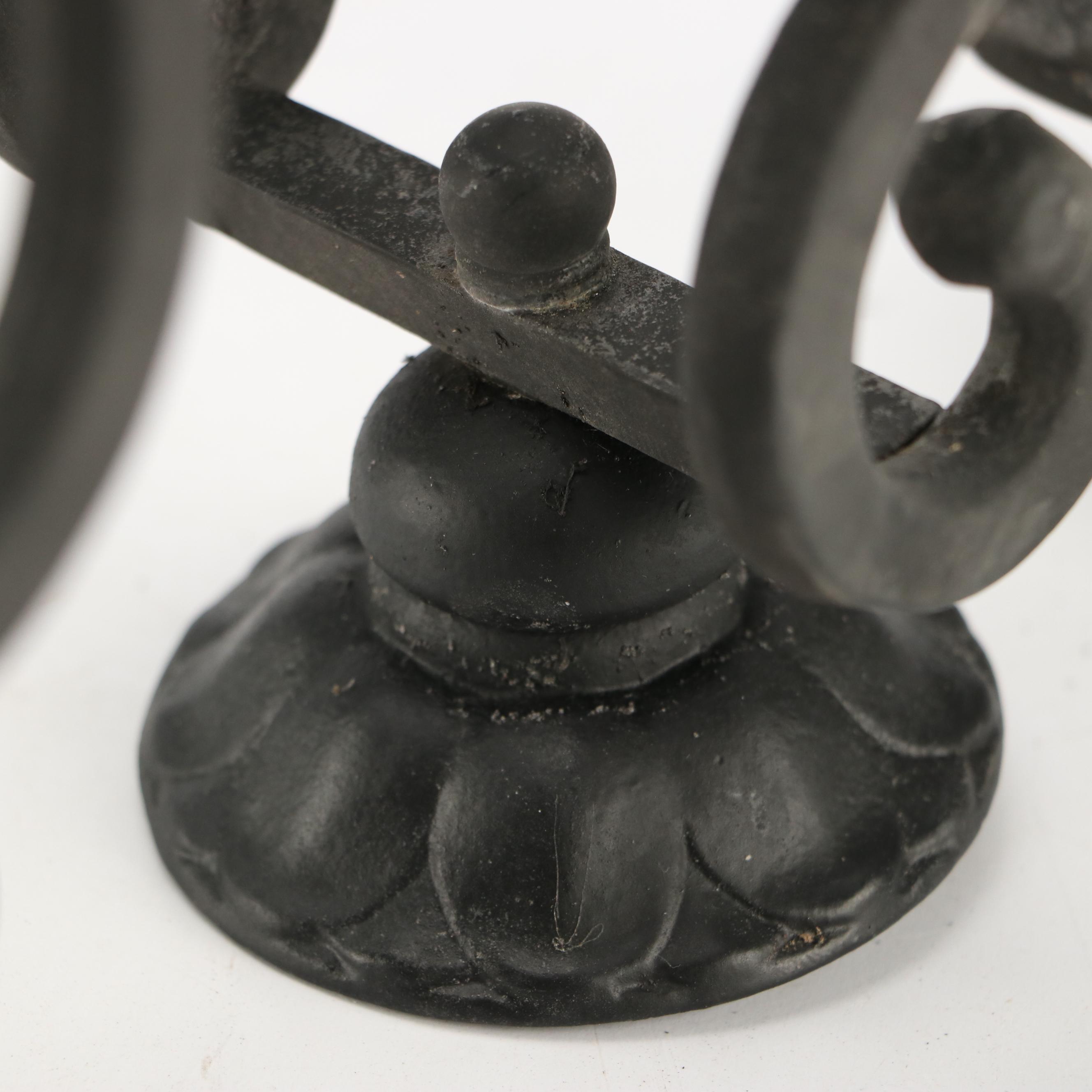 Art Nouveau Style Scrolled Wrought Iron Votive Holders with Yellow Ceramic Vase