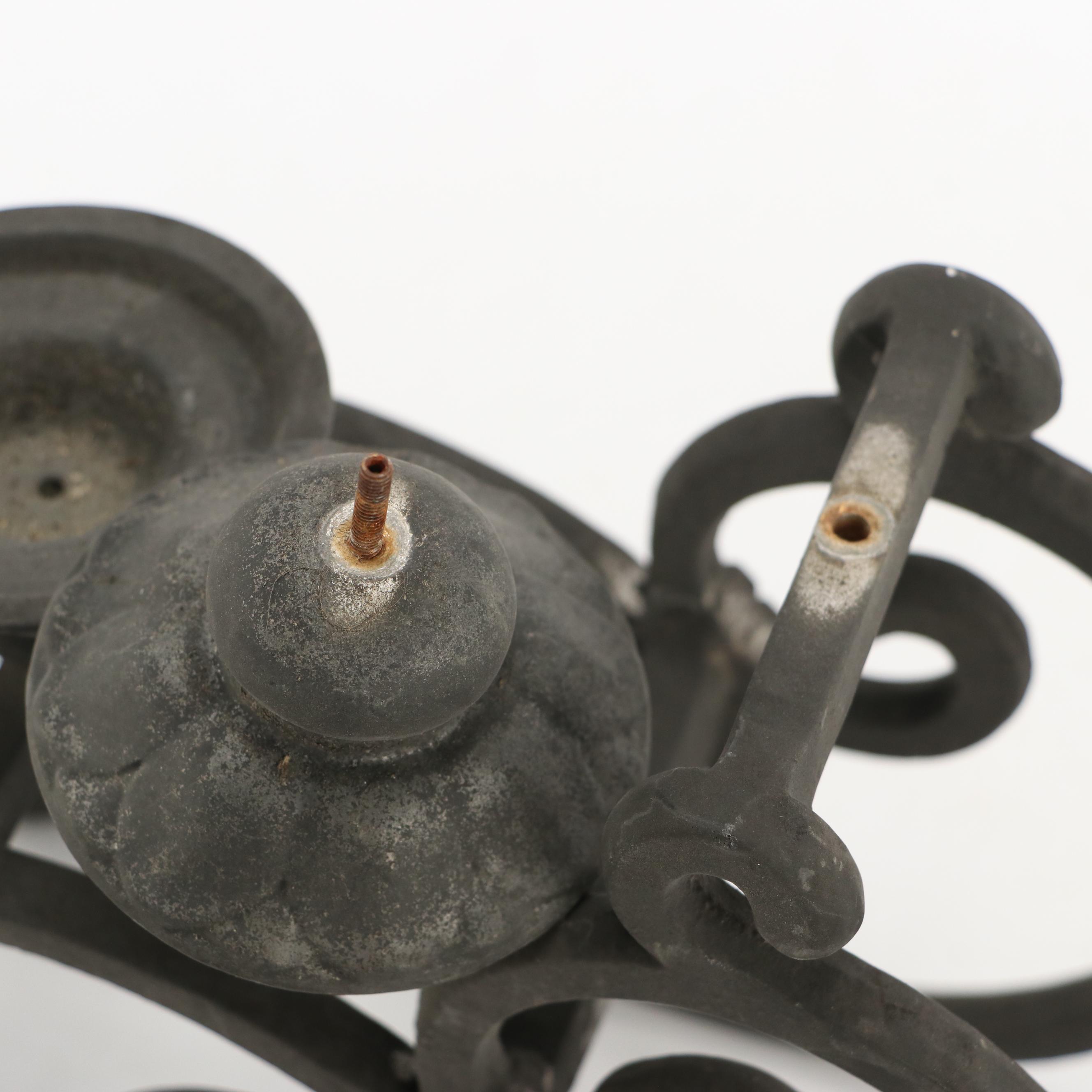 Art Nouveau Style Scrolled Wrought Iron Votive Holders with Yellow Ceramic Vase