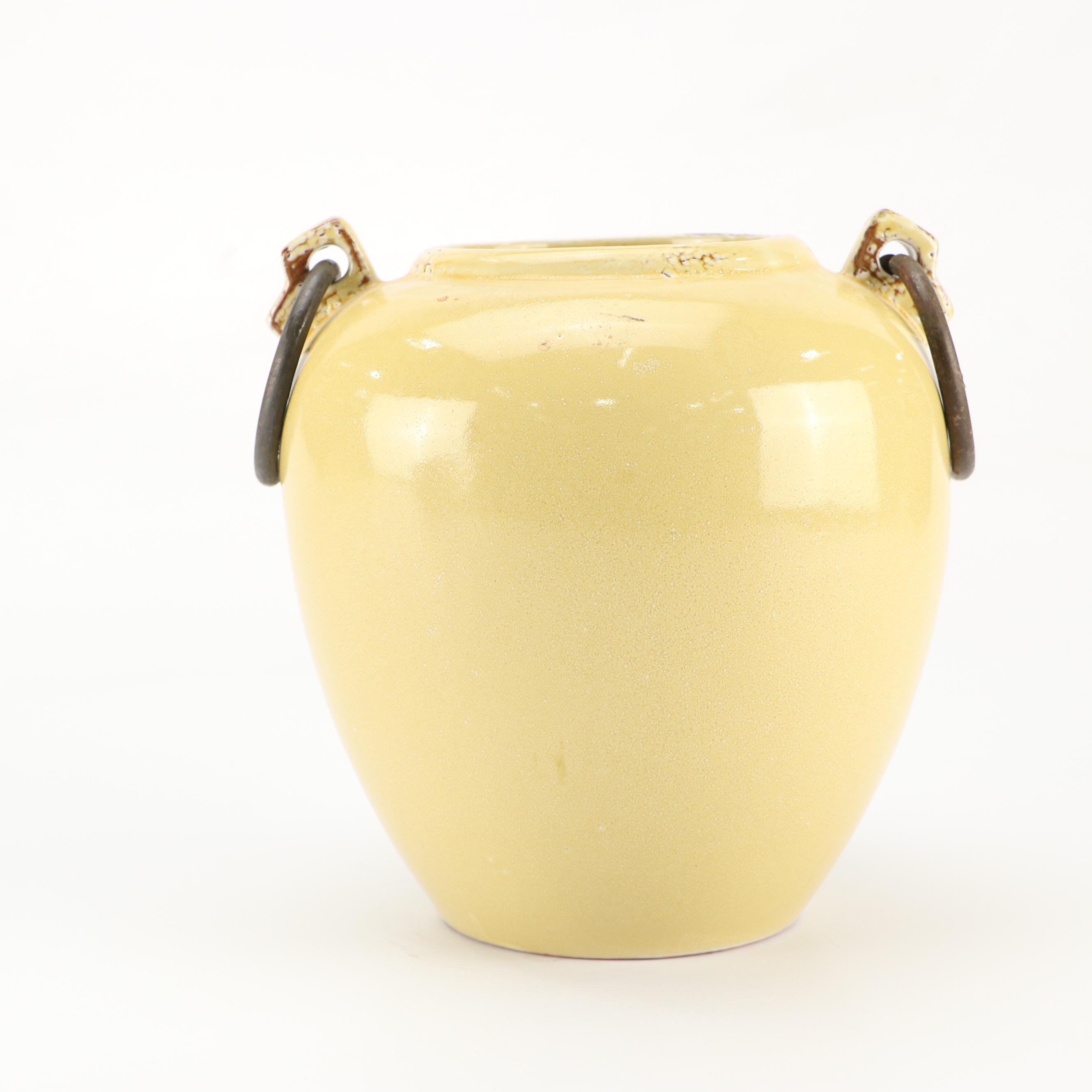 Art Nouveau Style Scrolled Wrought Iron Votive Holders with Yellow Ceramic Vase