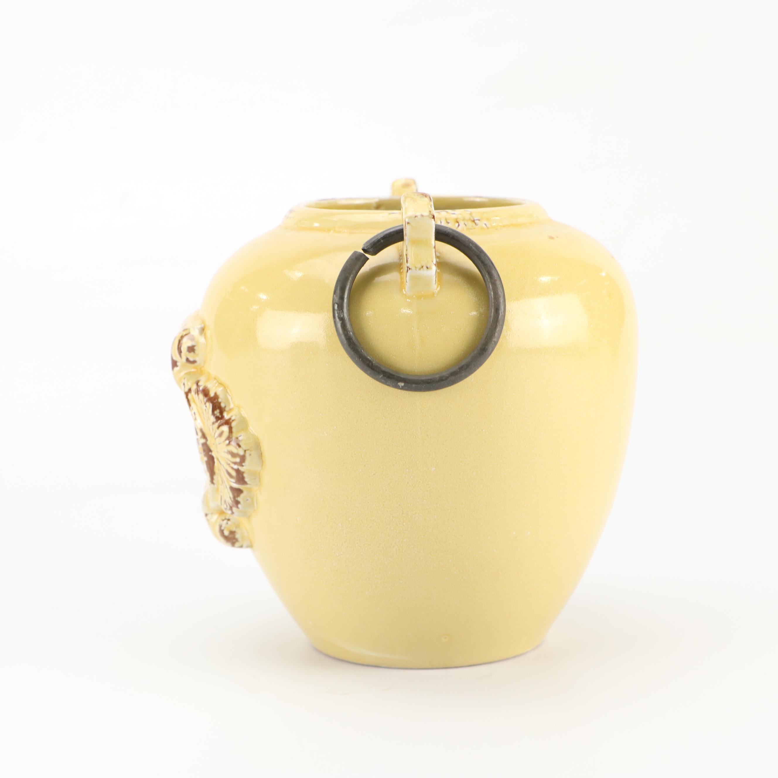 Art Nouveau Style Scrolled Wrought Iron Votive Holders with Yellow Ceramic Vase