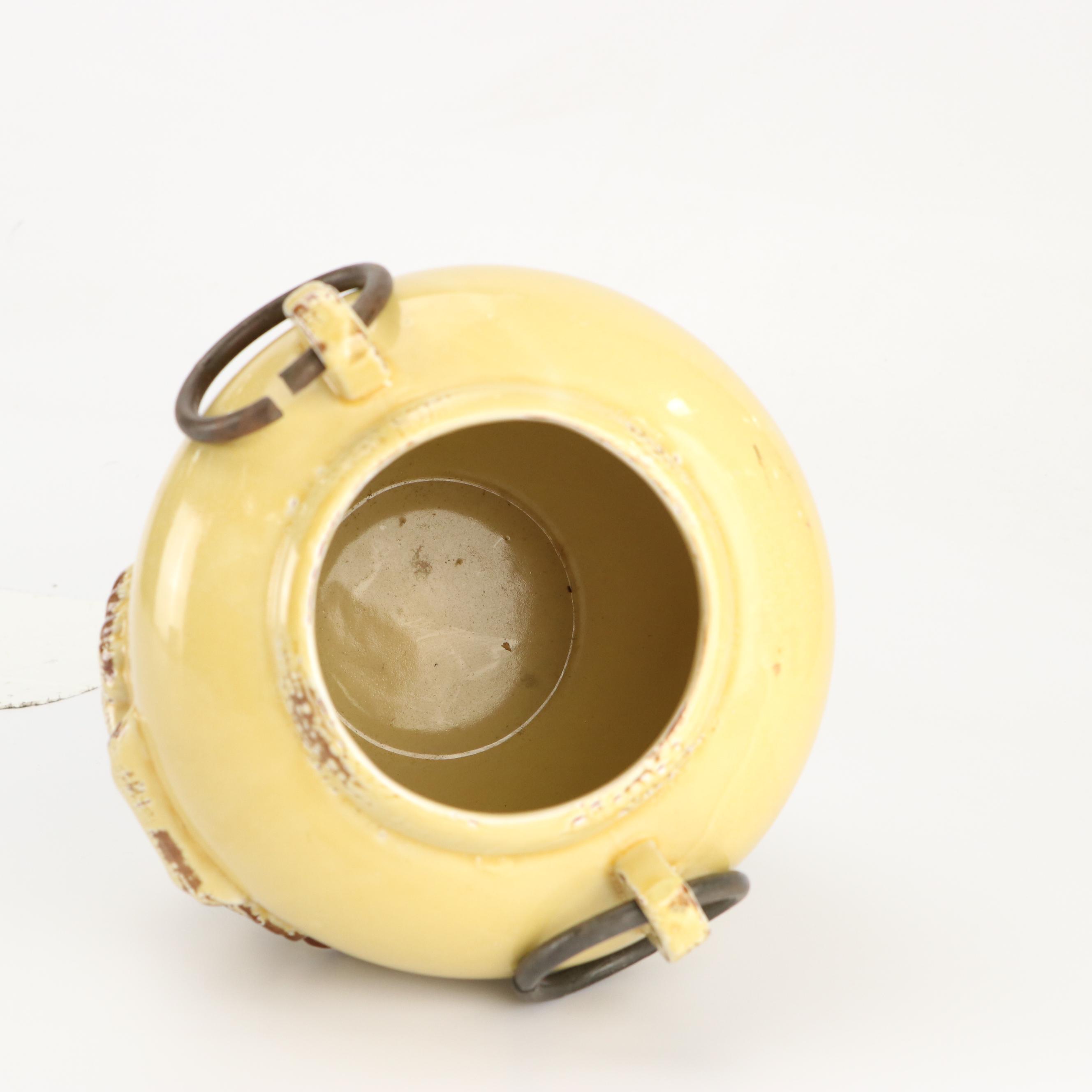 Art Nouveau Style Scrolled Wrought Iron Votive Holders with Yellow Ceramic Vase