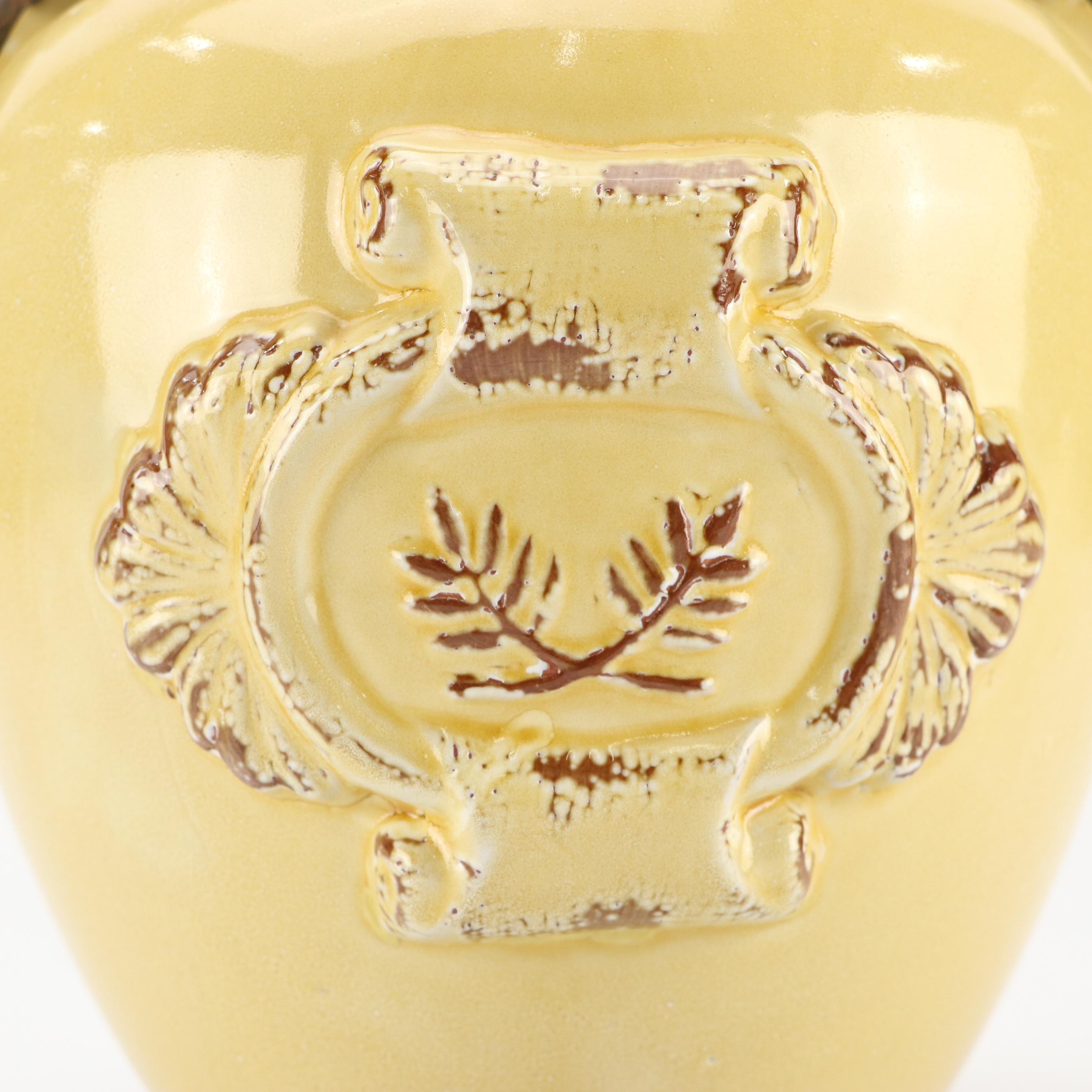 Art Nouveau Style Scrolled Wrought Iron Votive Holders with Yellow Ceramic Vase