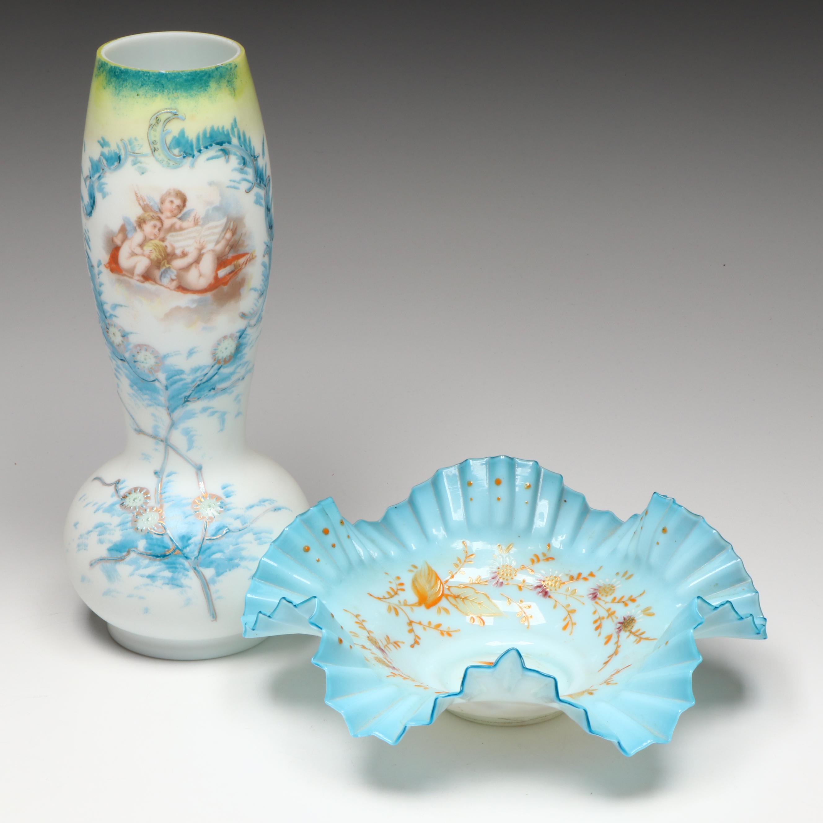 French Opaline Glass Transfer and Painted Decorated Vase with Brides Basket Bowl