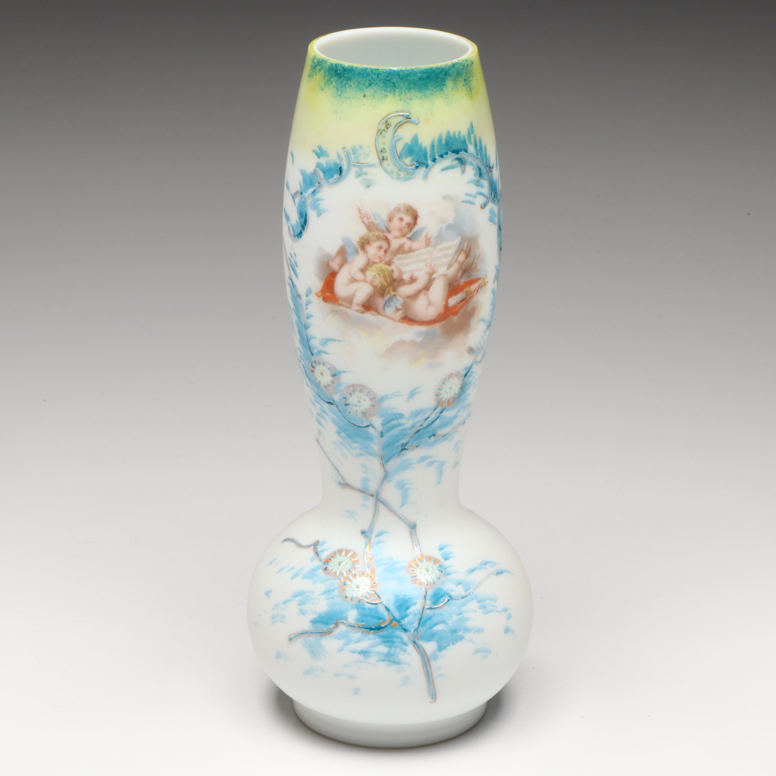 French Opaline Glass Transfer and Painted Decorated Vase with Brides Basket Bowl