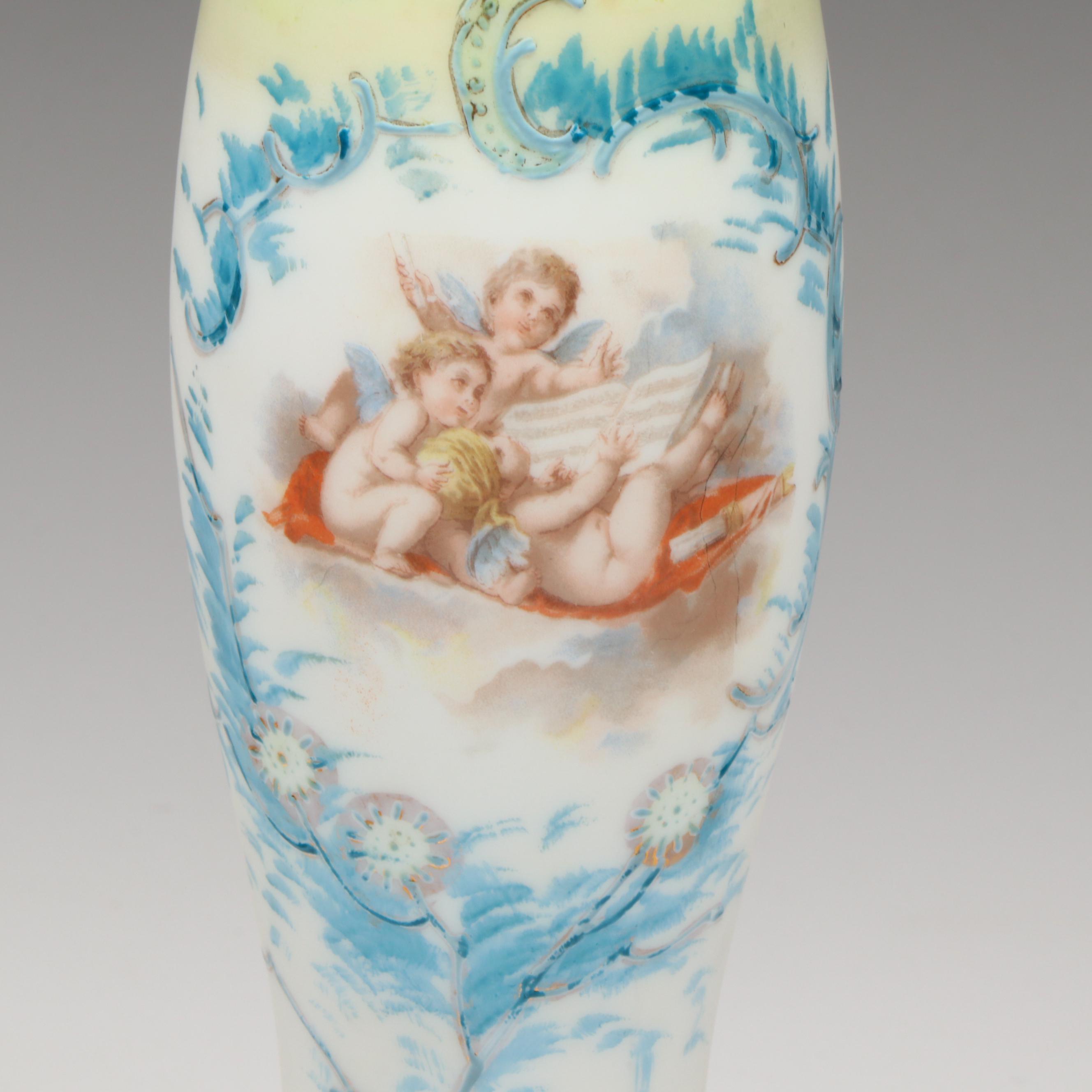 French Opaline Glass Transfer and Painted Decorated Vase with Brides Basket Bowl