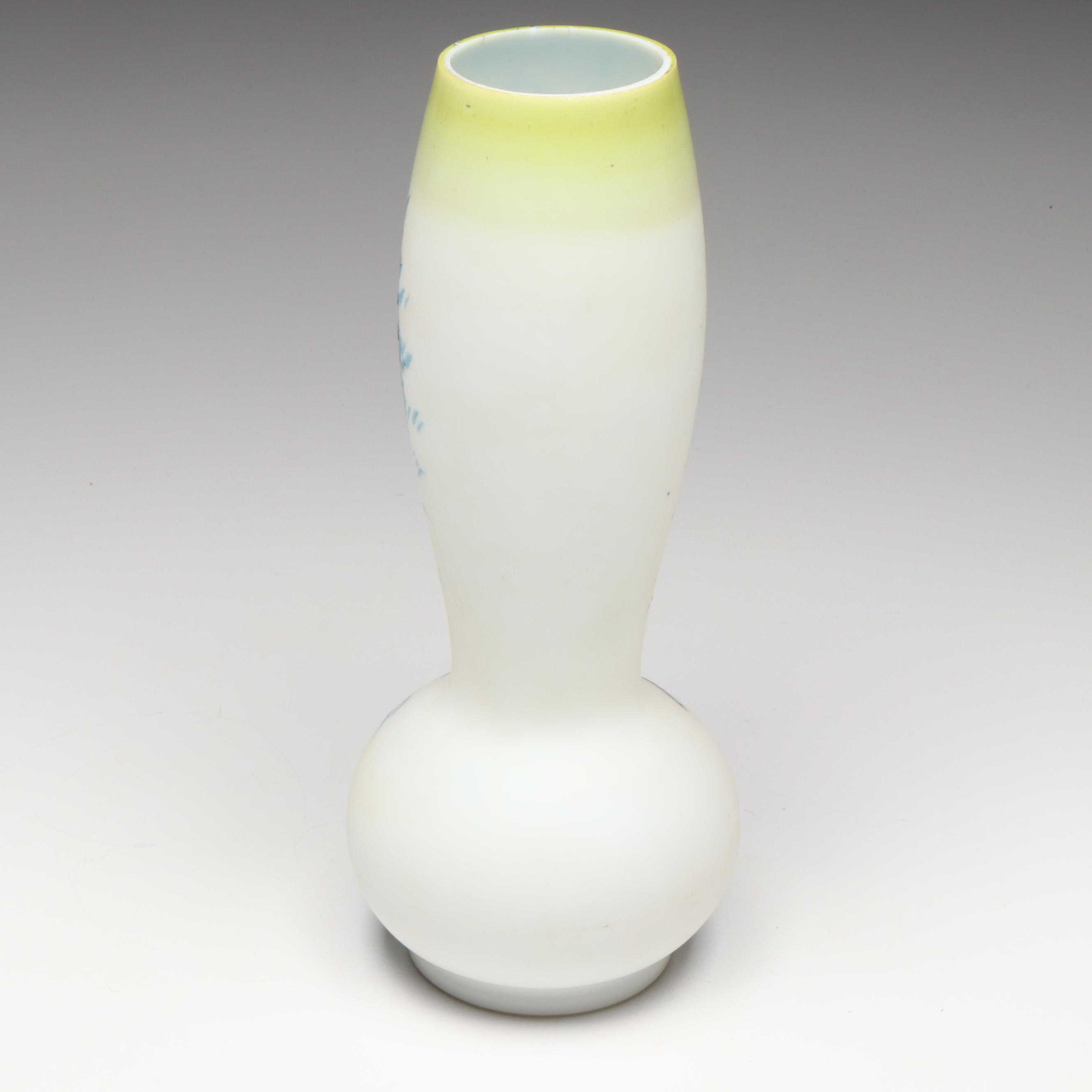 French Opaline Glass Transfer and Painted Decorated Vase with Brides Basket Bowl