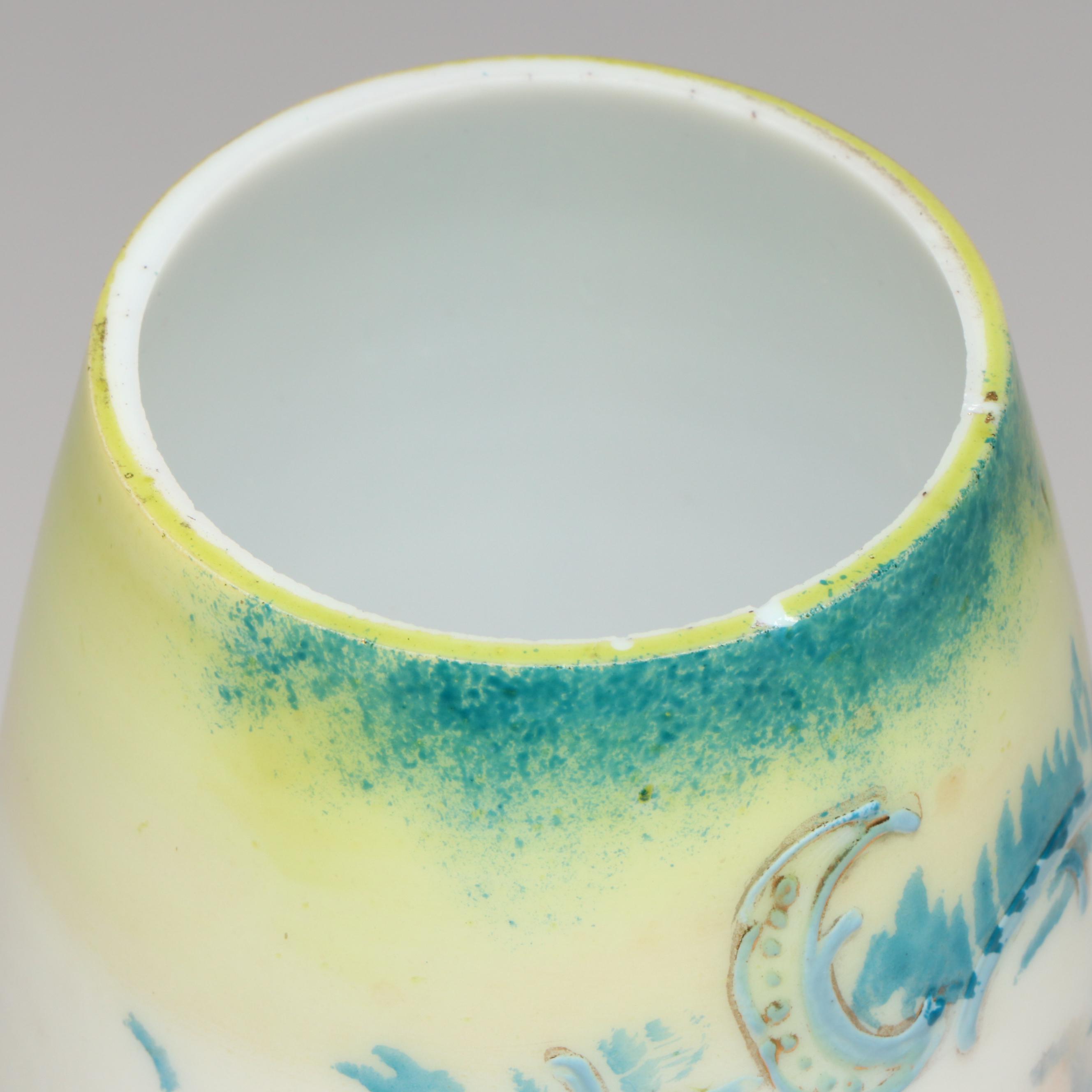 French Opaline Glass Transfer and Painted Decorated Vase with Brides Basket Bowl