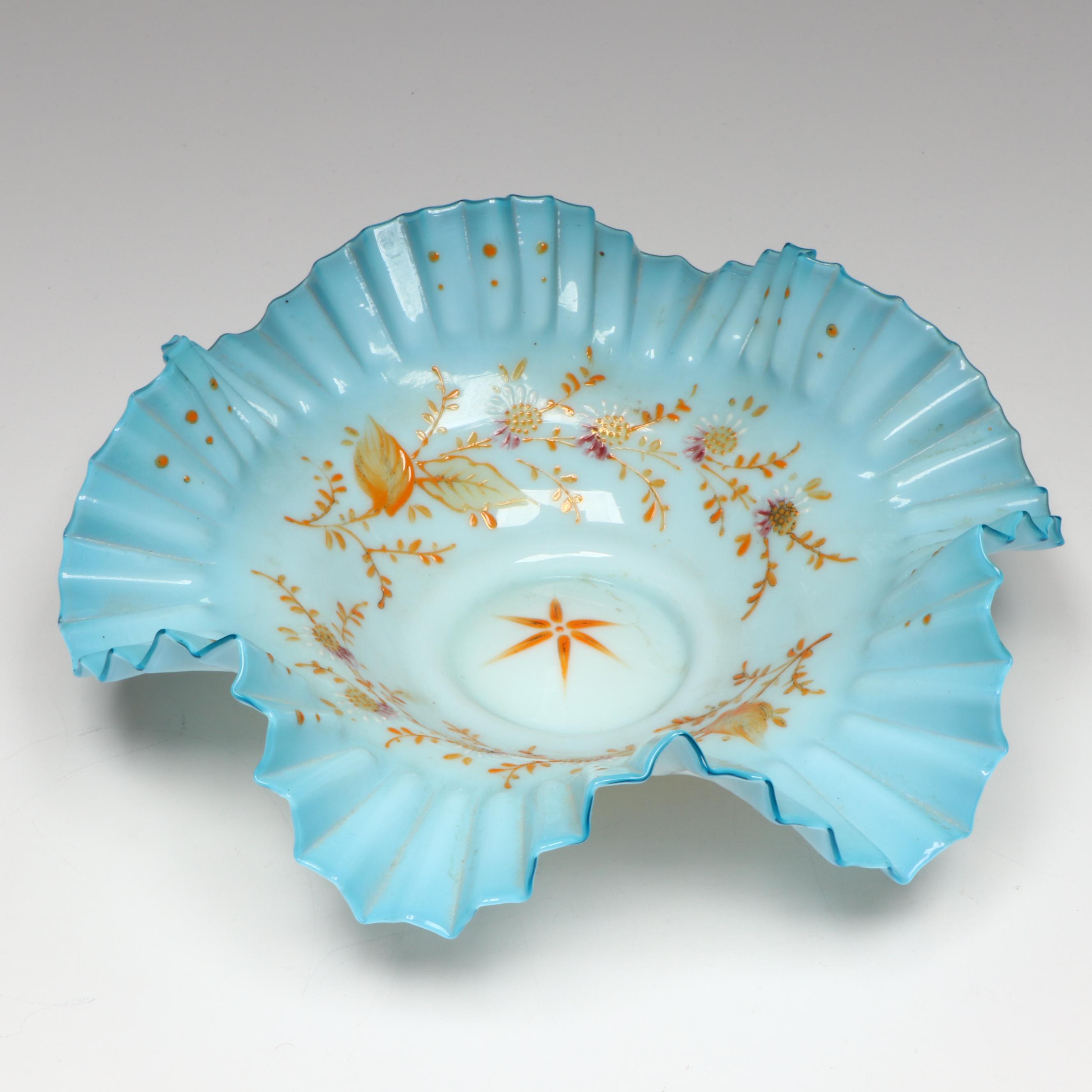 French Opaline Glass Transfer and Painted Decorated Vase with Brides Basket Bowl