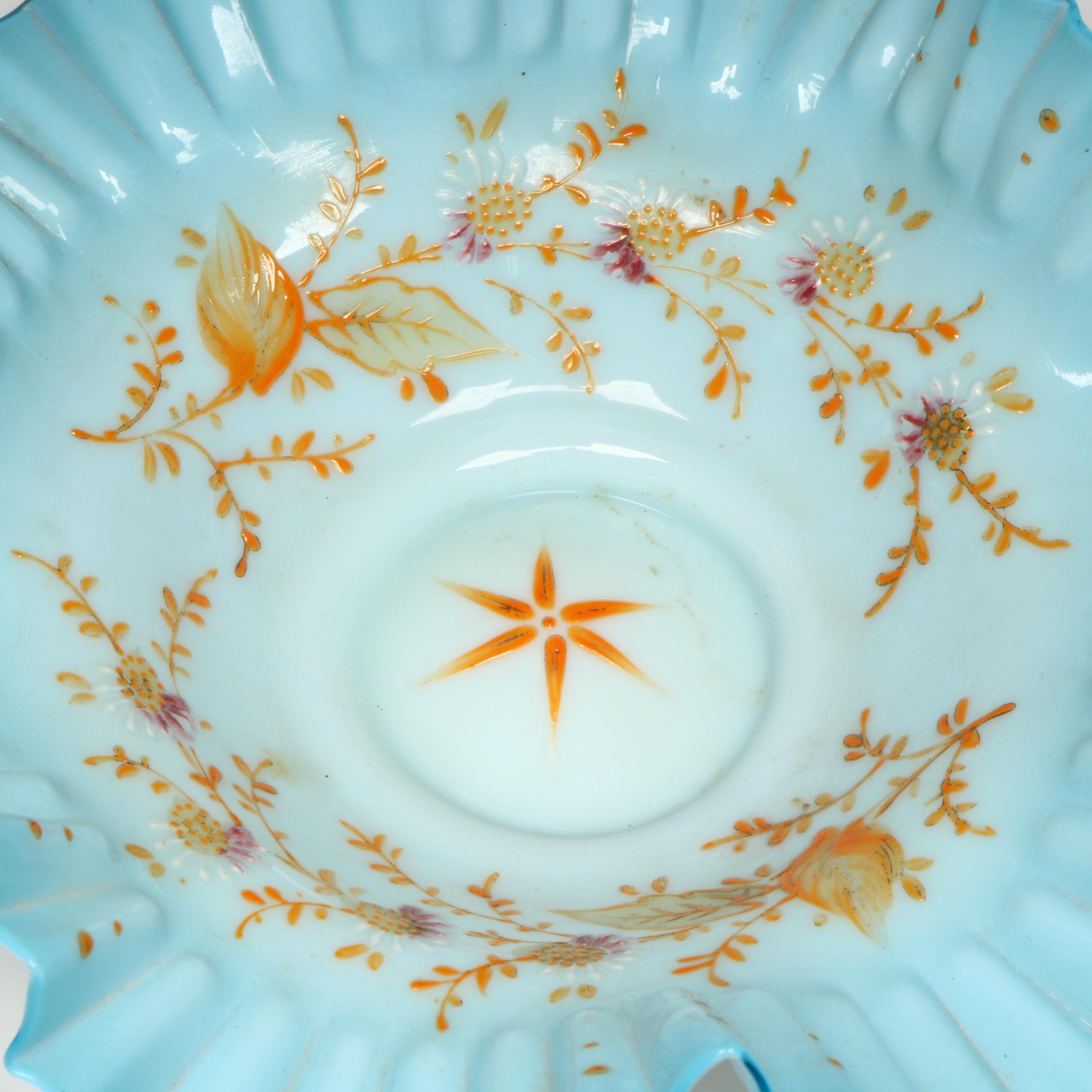 French Opaline Glass Transfer and Painted Decorated Vase with Brides Basket Bowl