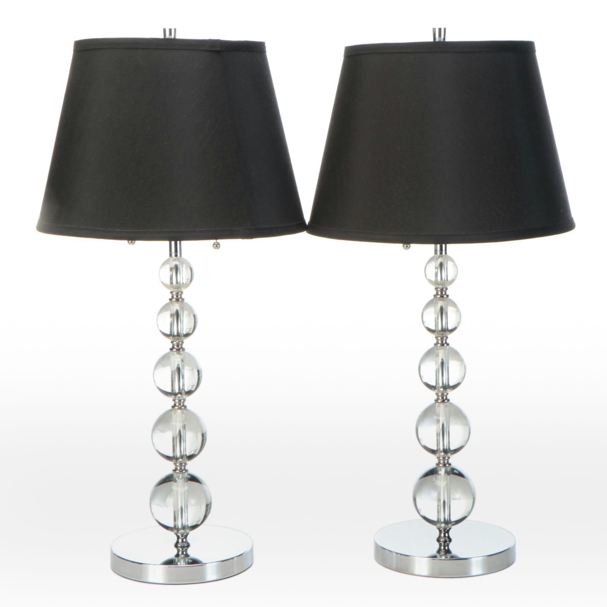 Pair of Lacquered Metal and Stacked Orb Table Lamps with Black Shades