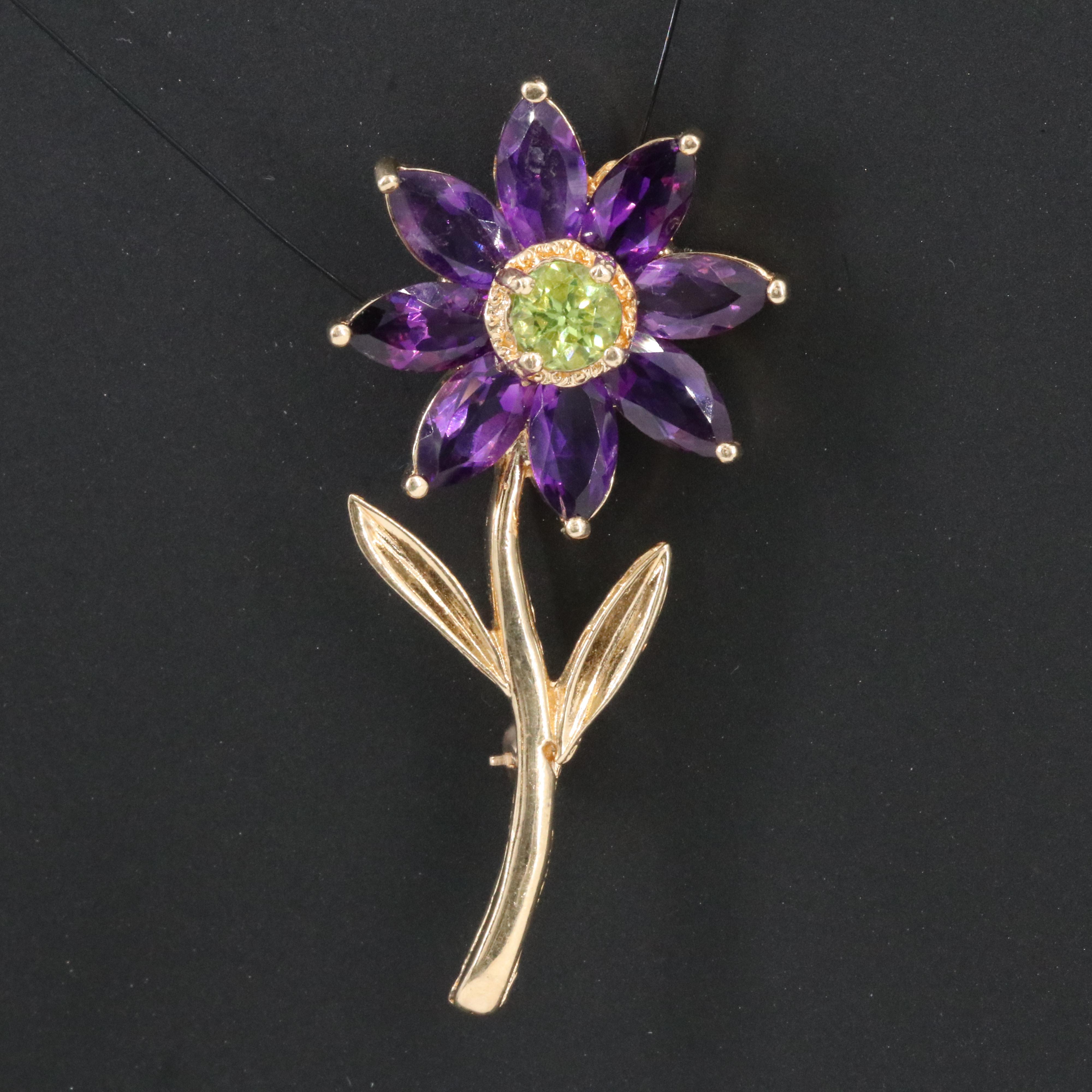 14K Peridot and Amethyst Flower Brooch