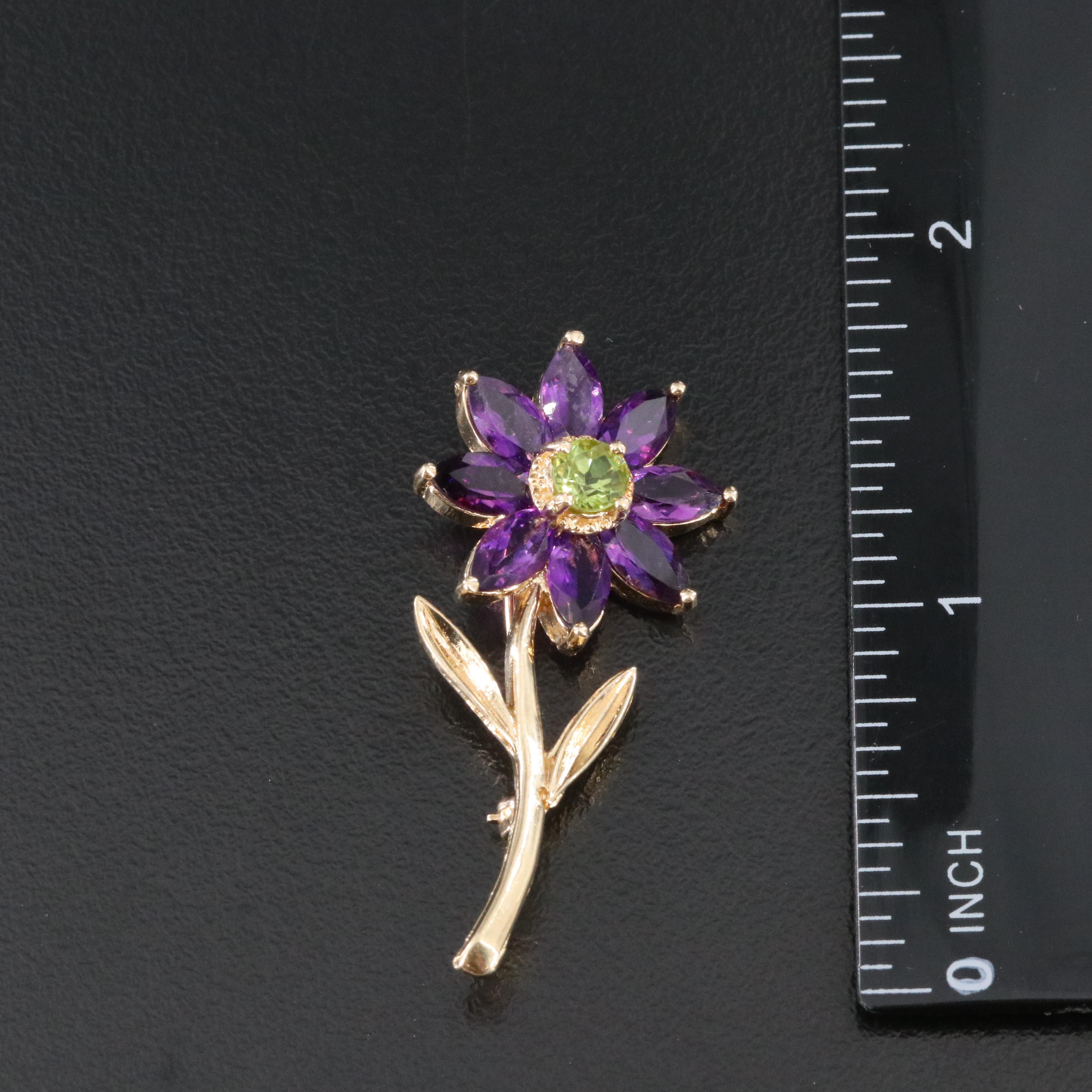 14K Peridot and Amethyst Flower Brooch
