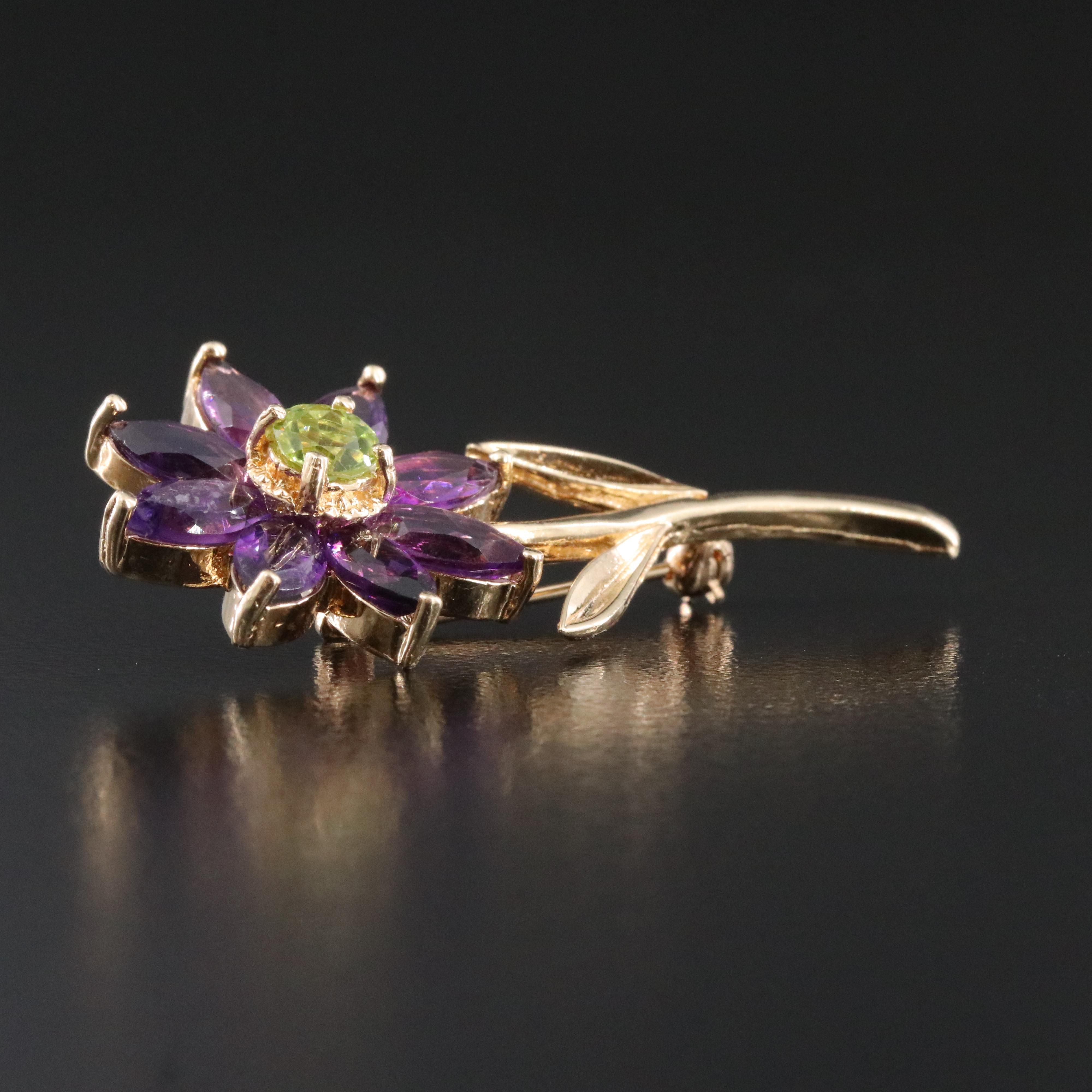 14K Peridot and Amethyst Flower Brooch