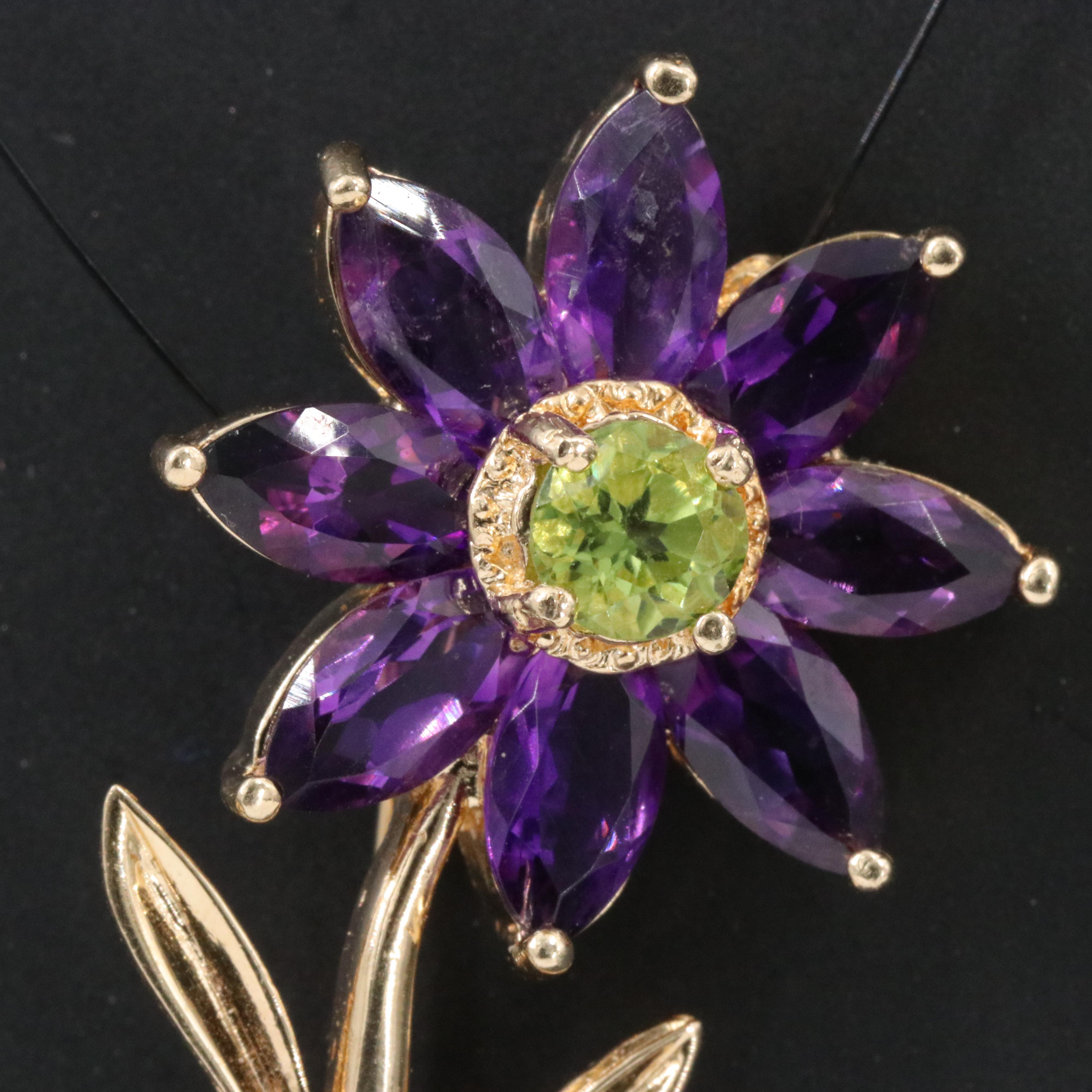 14K Peridot and Amethyst Flower Brooch