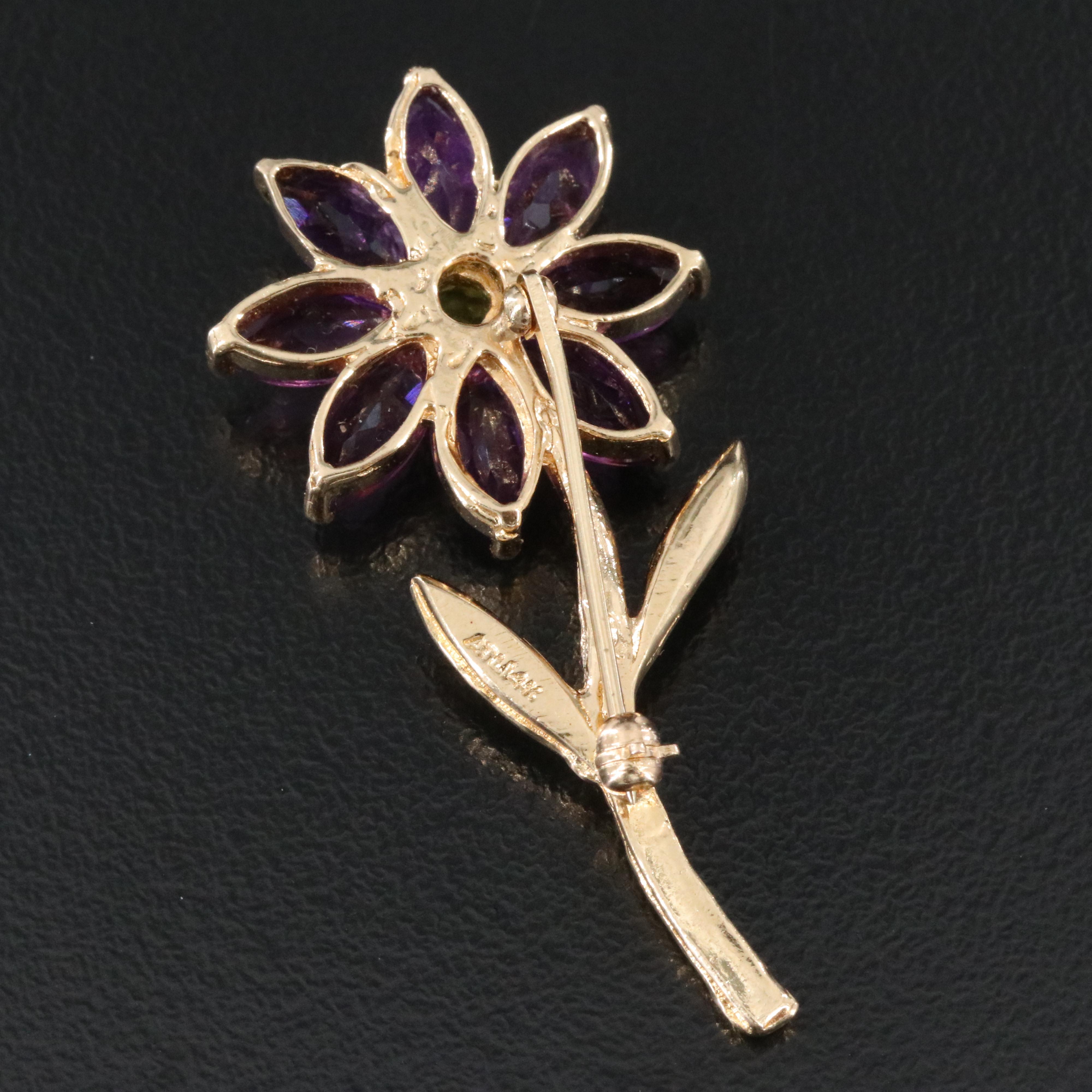 14K Peridot and Amethyst Flower Brooch