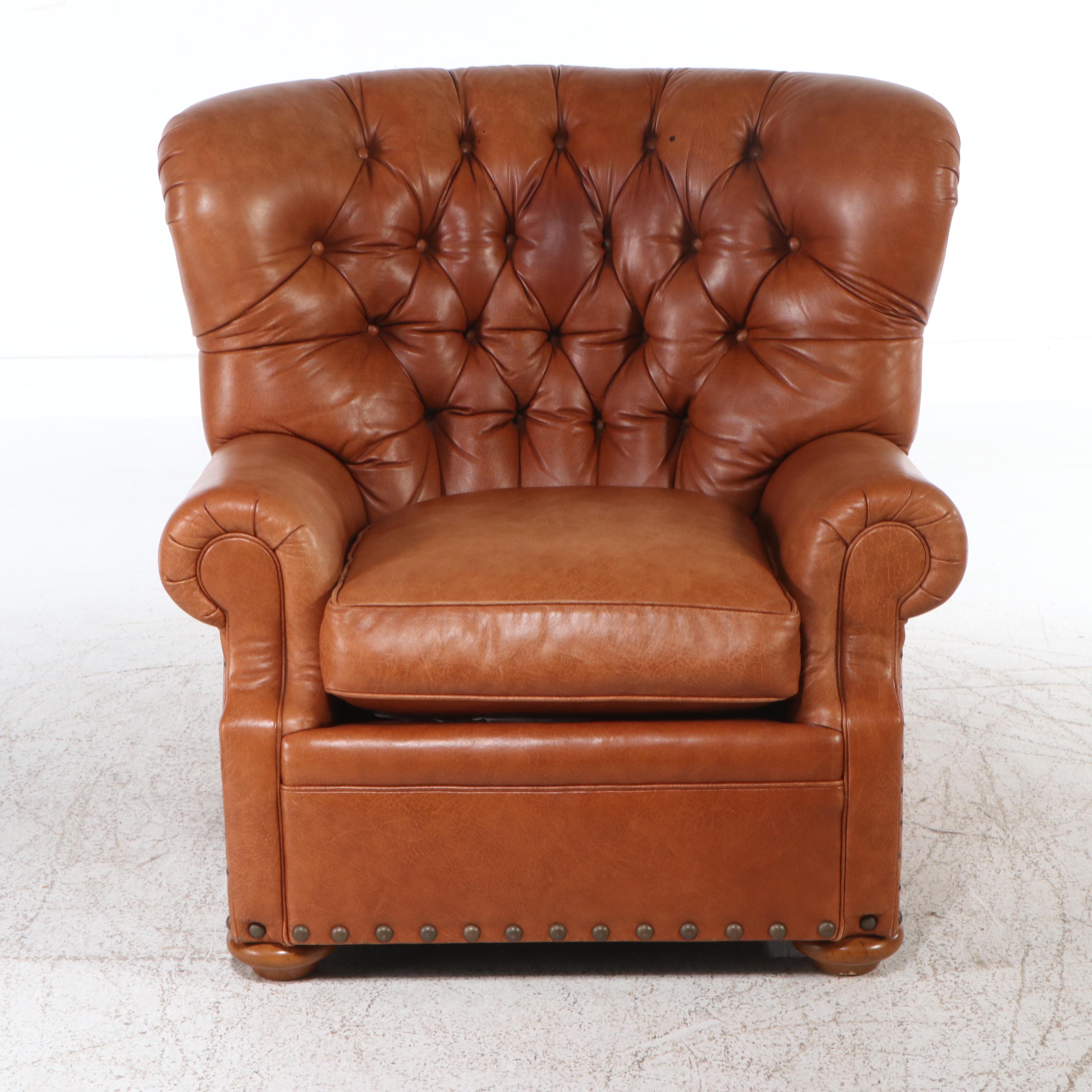 Thomasville Button-Tufted Leather Upholstered Club Chair and Ottoman