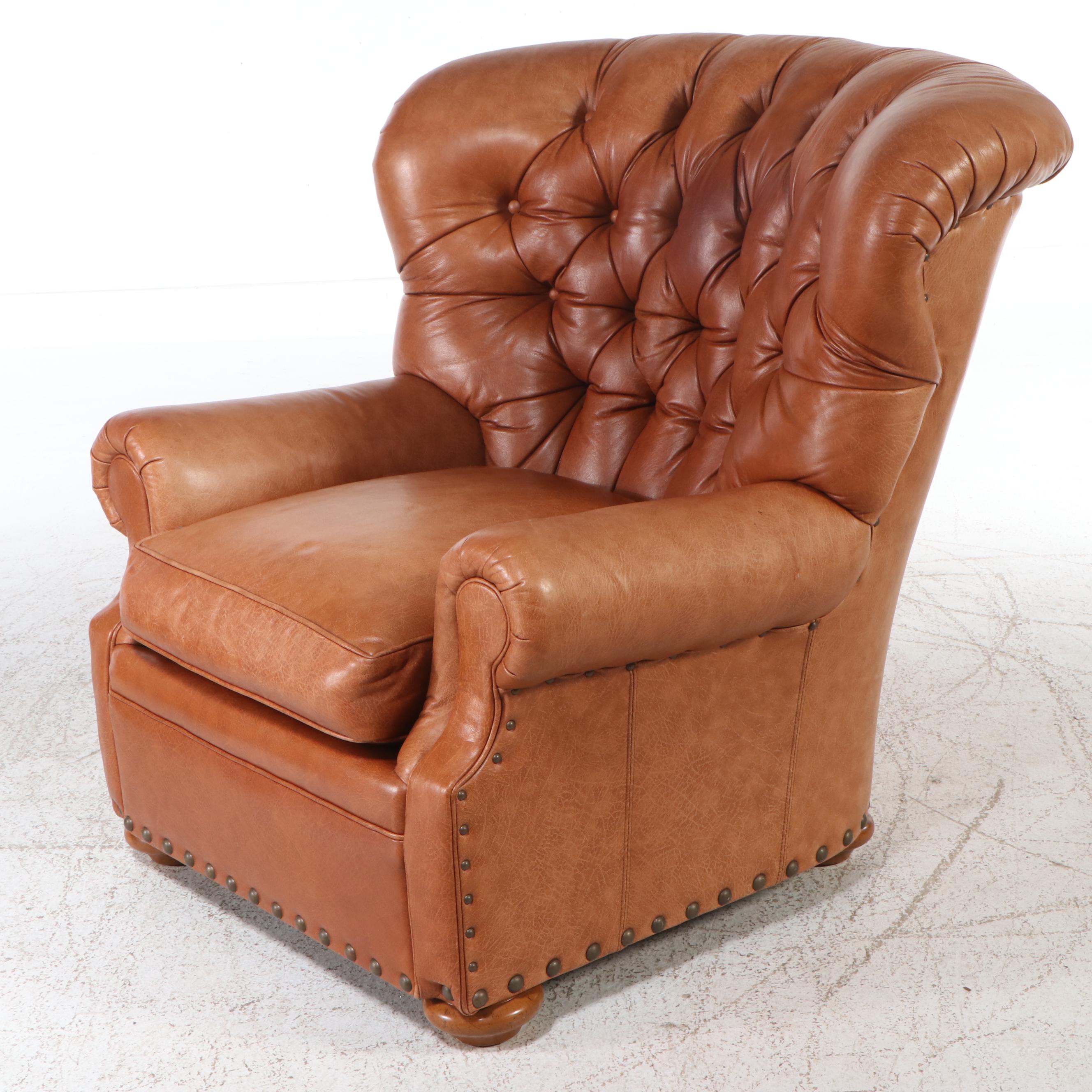 Thomasville Button-Tufted Leather Upholstered Club Chair and Ottoman