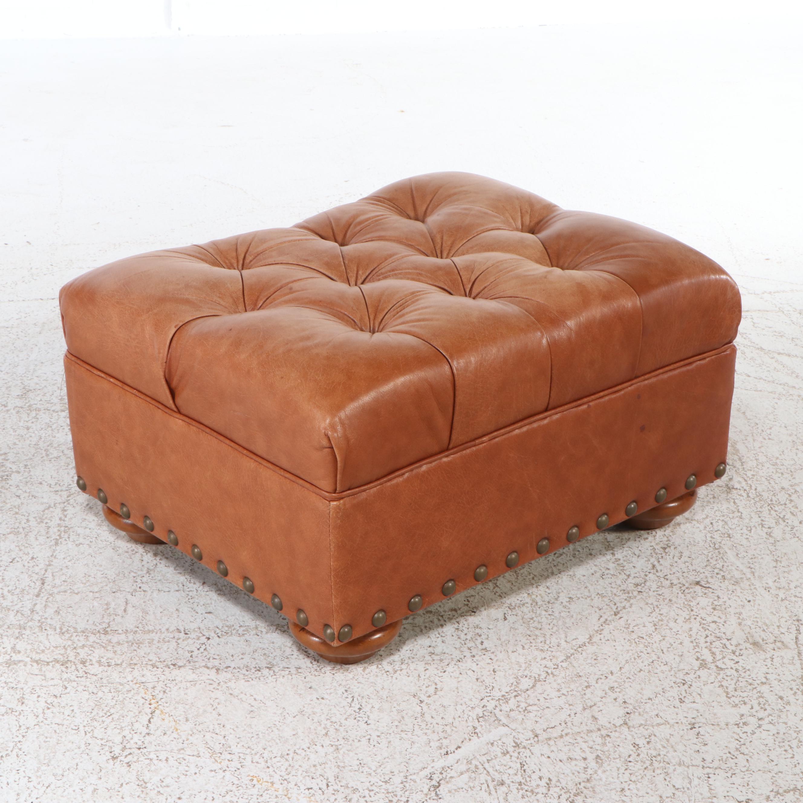 Thomasville Button-Tufted Leather Upholstered Club Chair and Ottoman