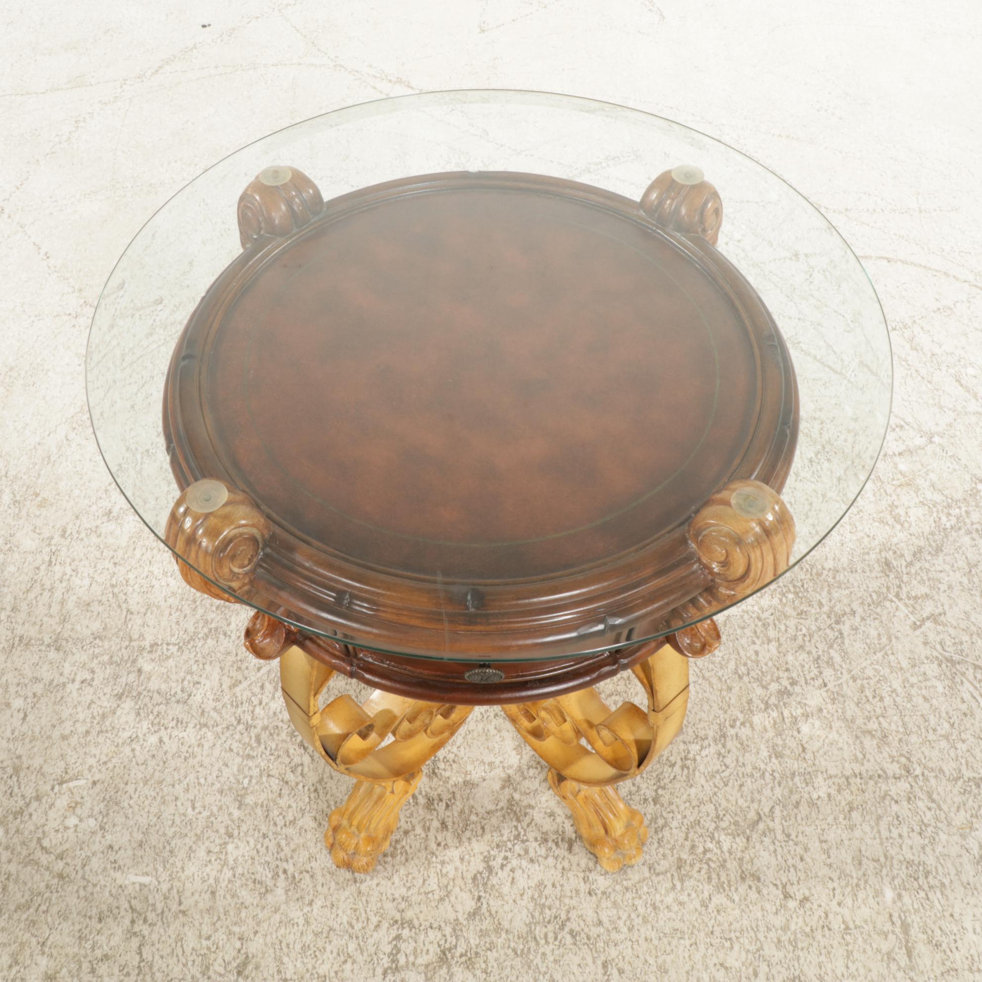 Round Glass-Top End Table with Lion's Paw Feet, 2007