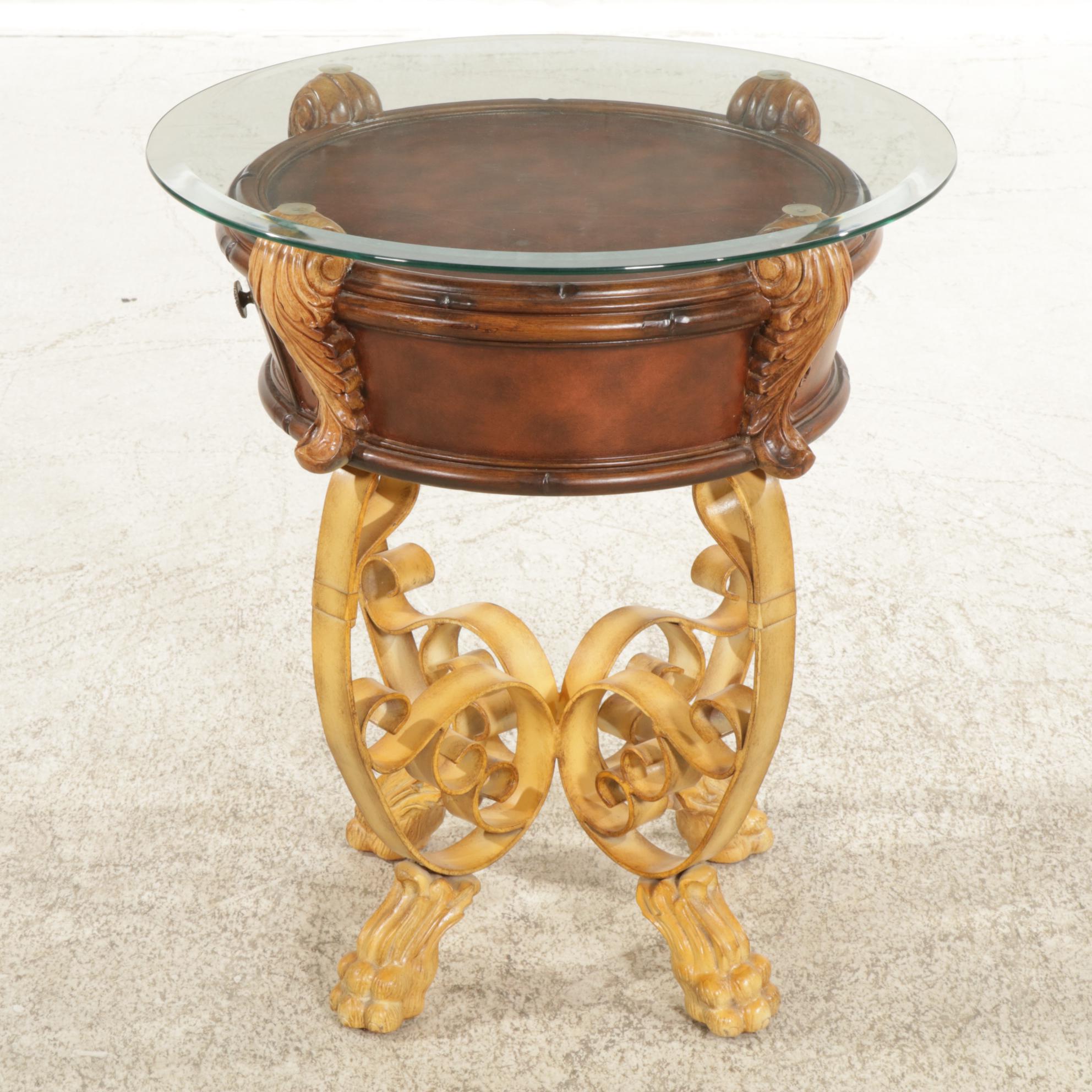 Round Glass-Top End Table with Lion's Paw Feet, 2007