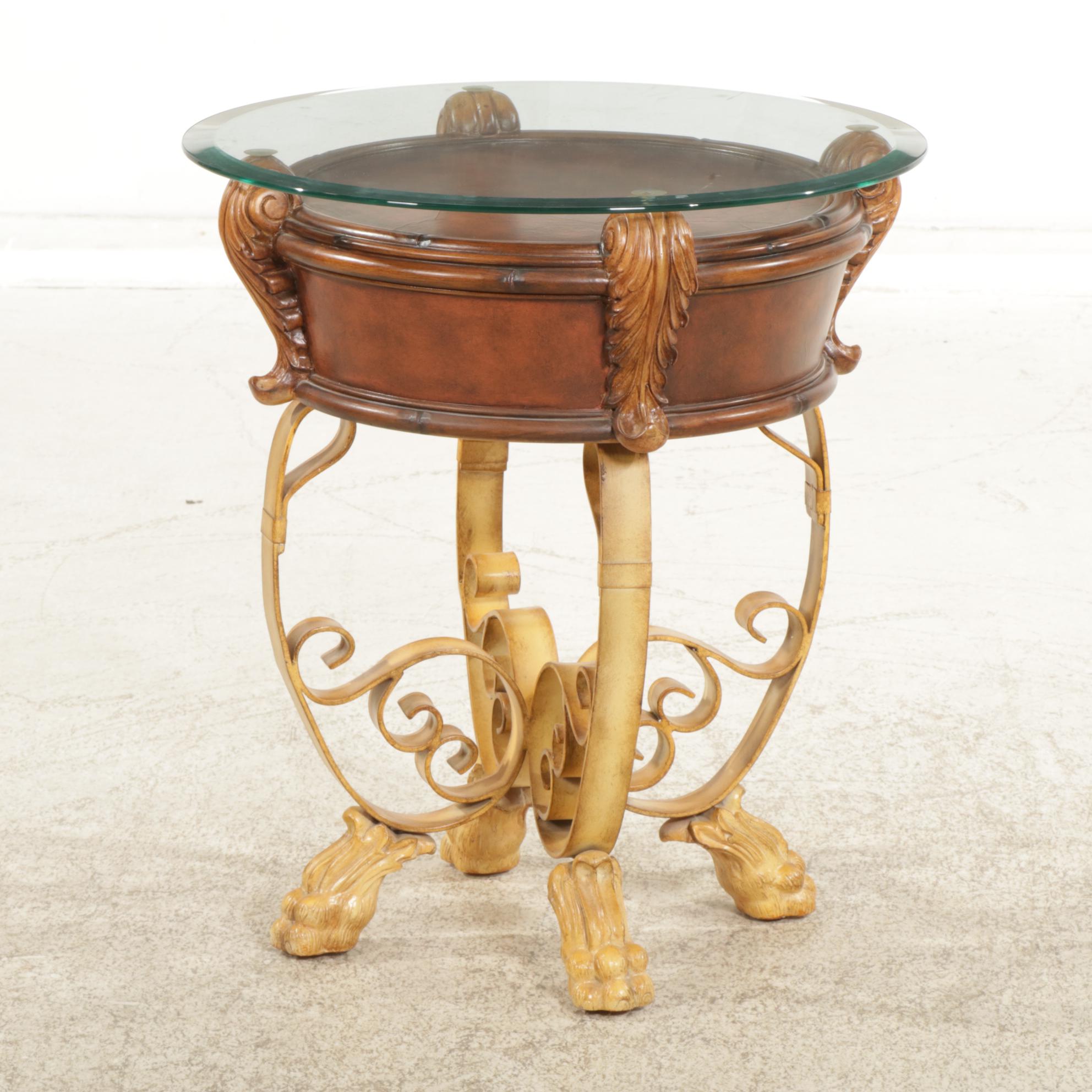 Round Glass-Top End Table with Lion's Paw Feet, 2007