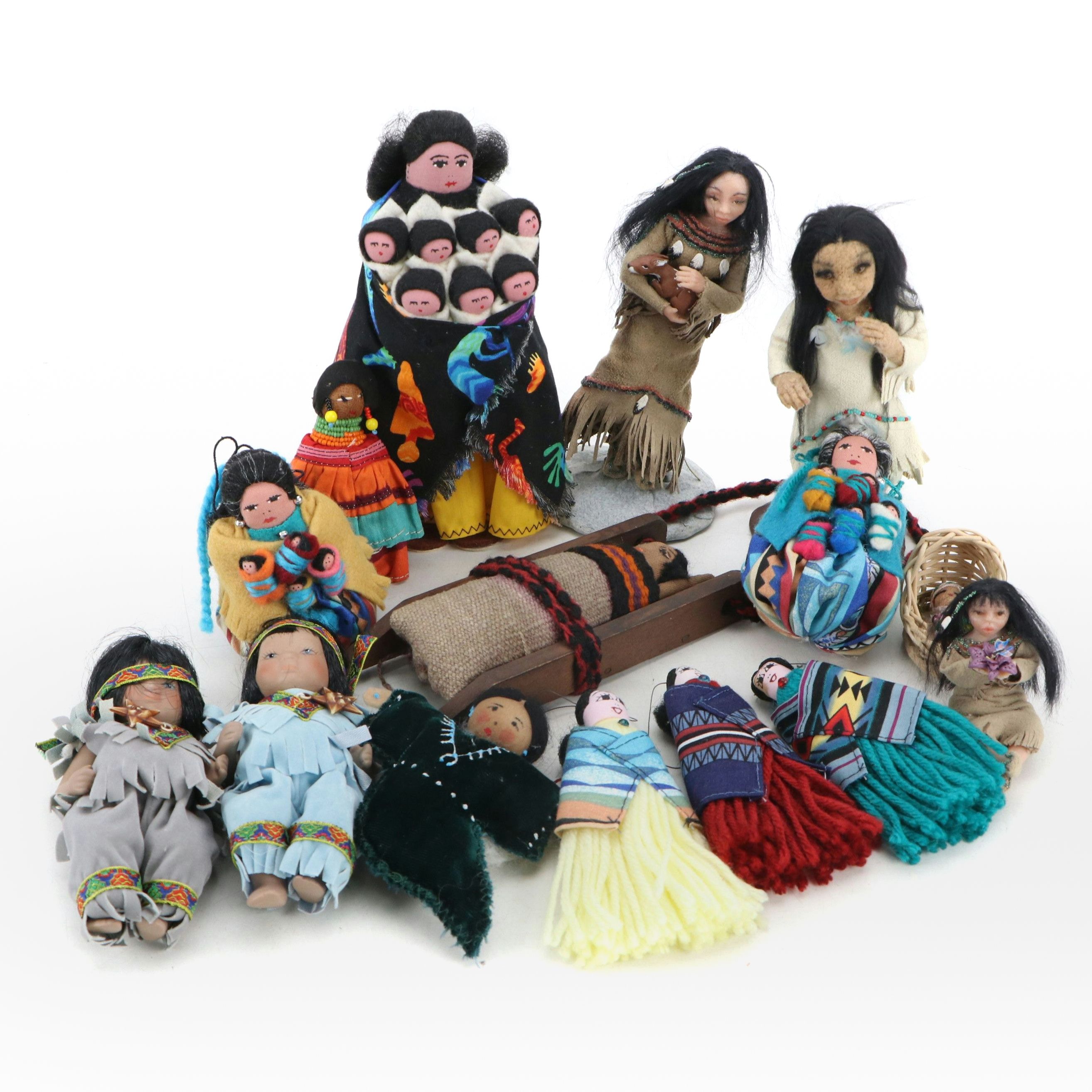 Handmade Navajo Storyteller Doll with Other Indigenous Dolls and Figures