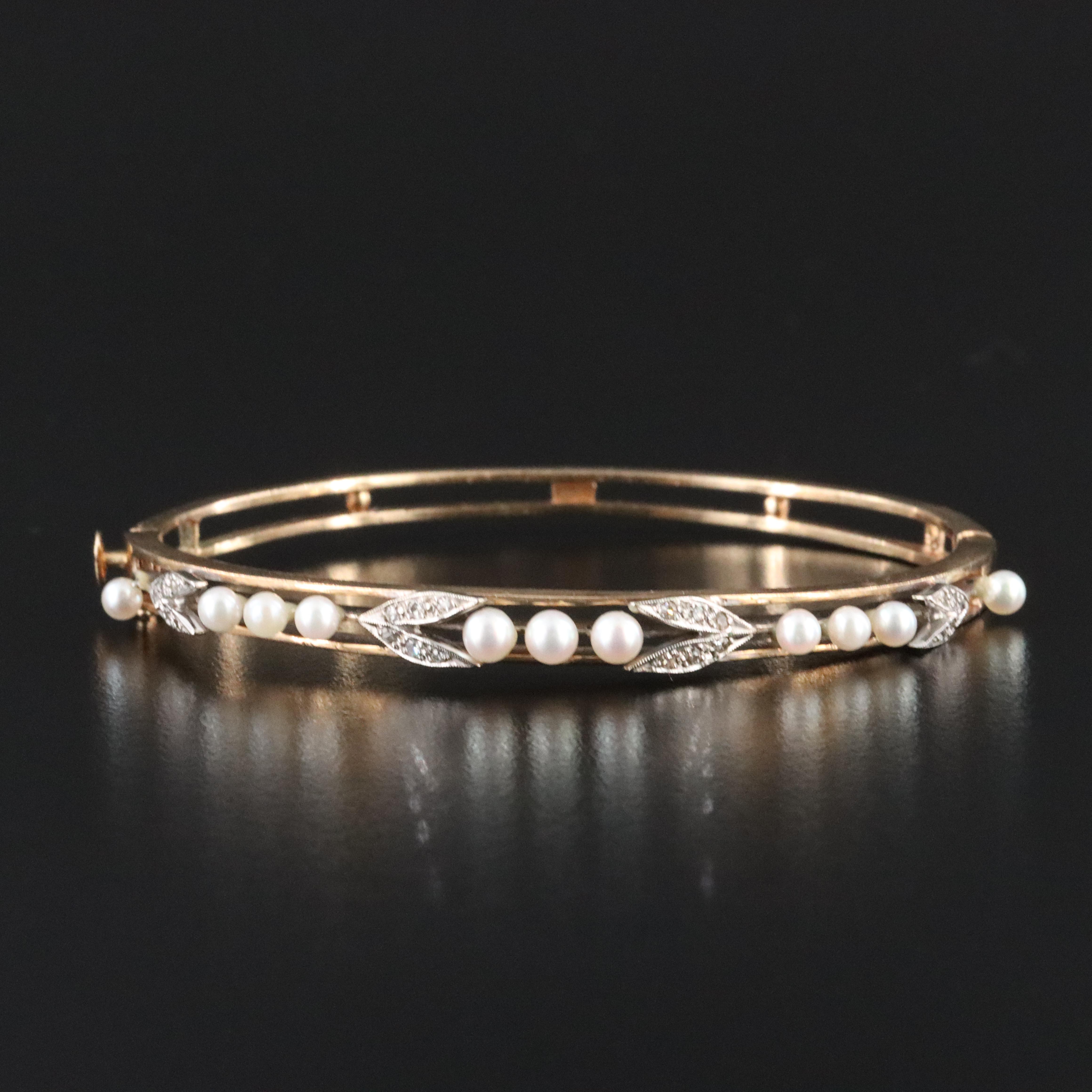 14K Pearl and Diamond Hinged Bracelet