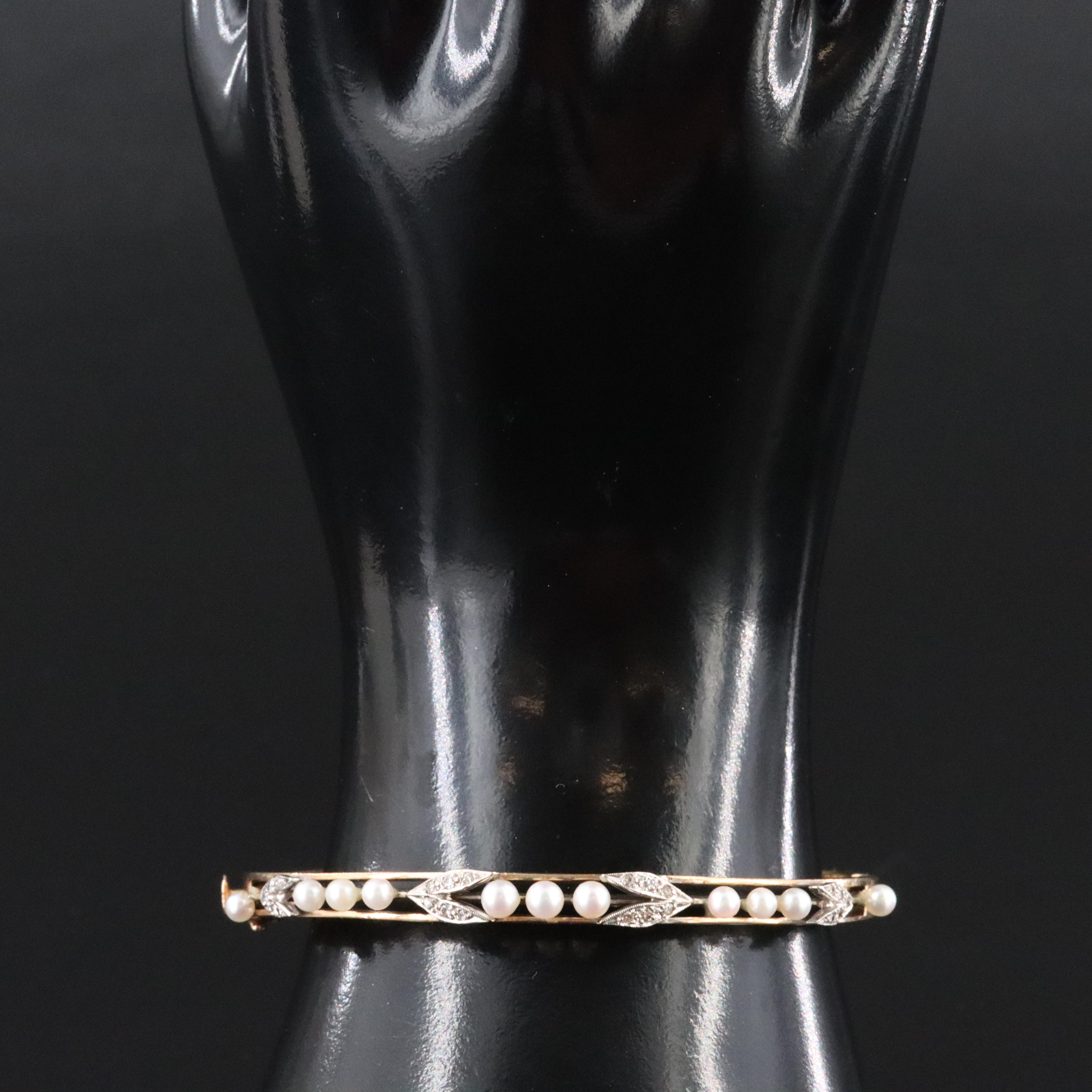 14K Pearl and Diamond Hinged Bracelet