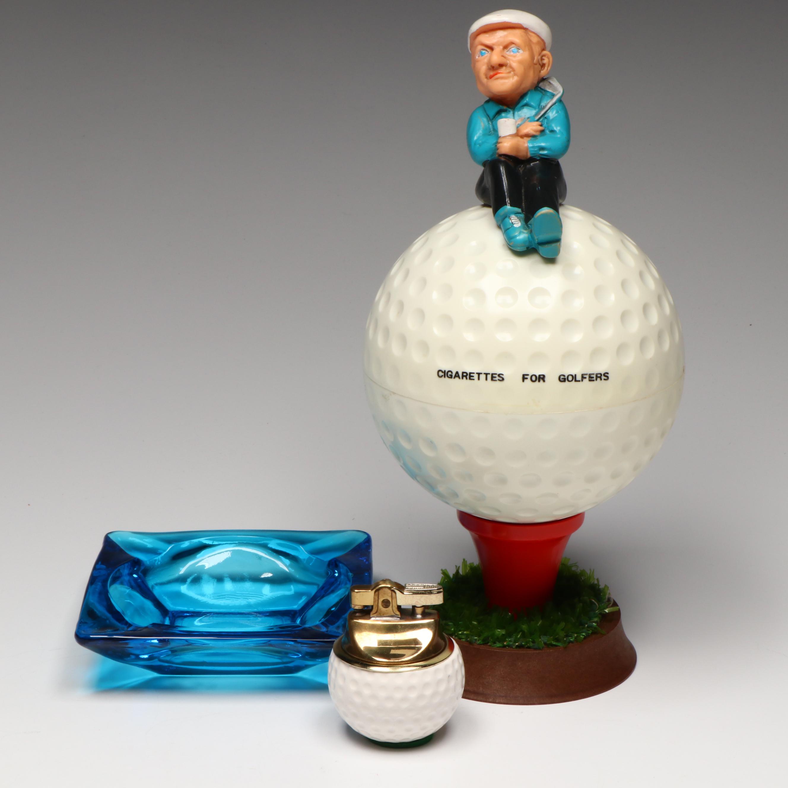 Royal London Cigarette Stand with Ceramic Golf Ball Lighter and Glass Ashtray
