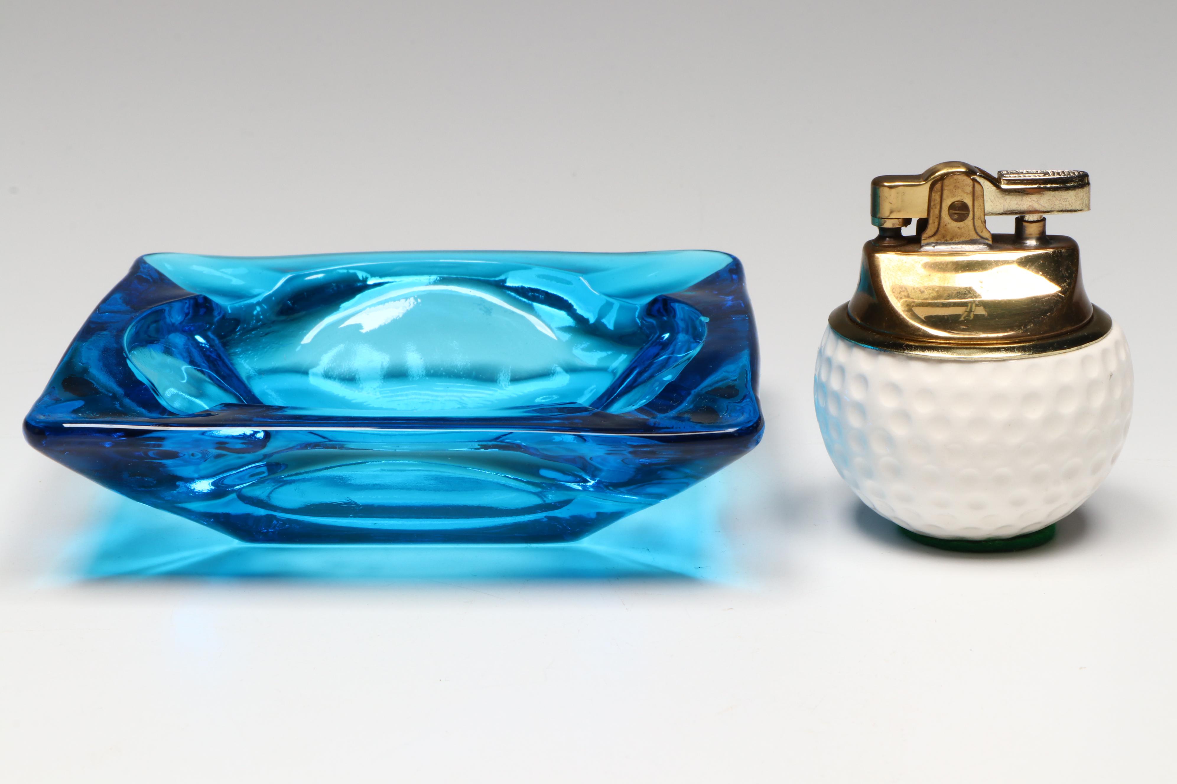 Royal London Cigarette Stand with Ceramic Golf Ball Lighter and Glass Ashtray