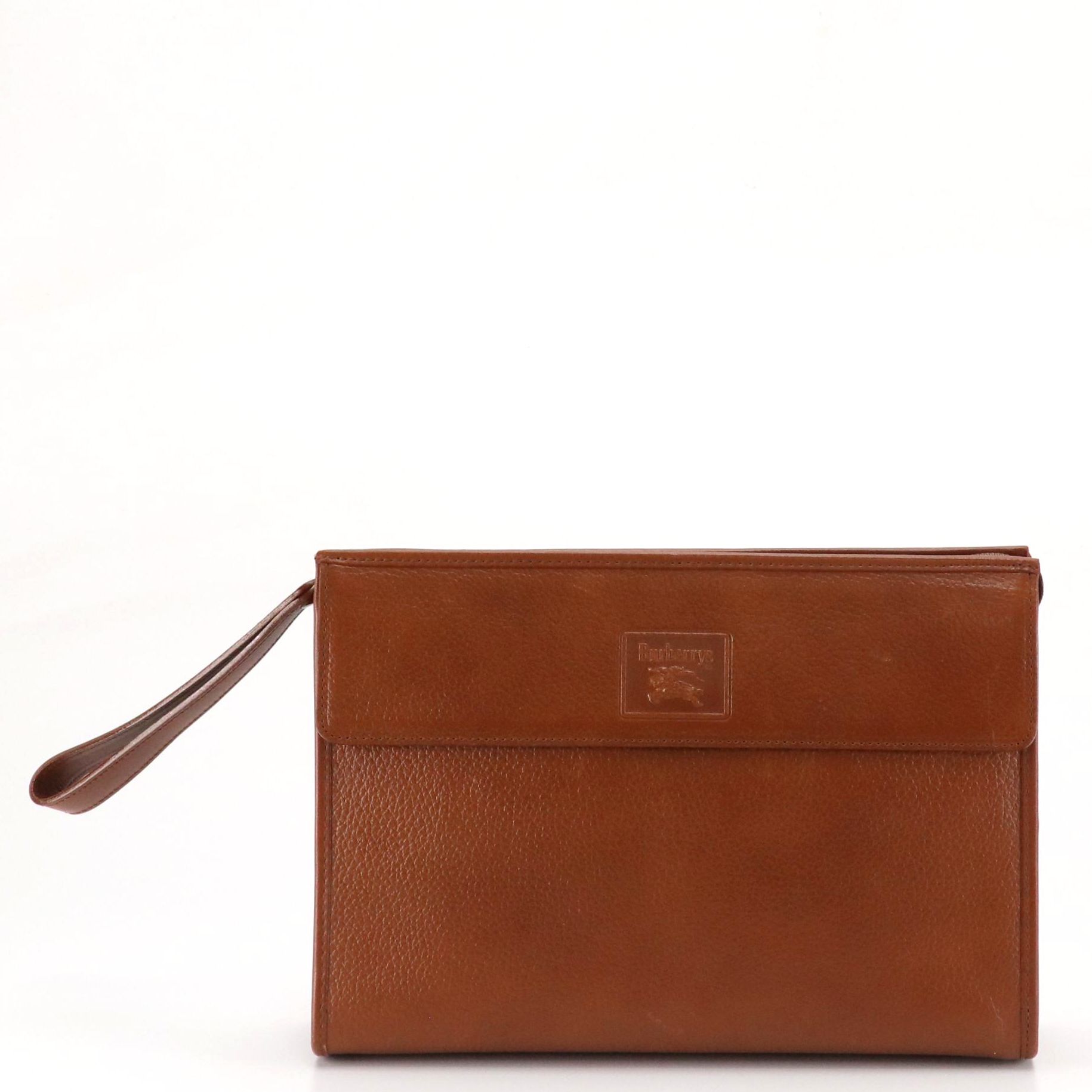 Burberrys Front Flap Pocket Wristelt Clutch in Brown Grained Leather
