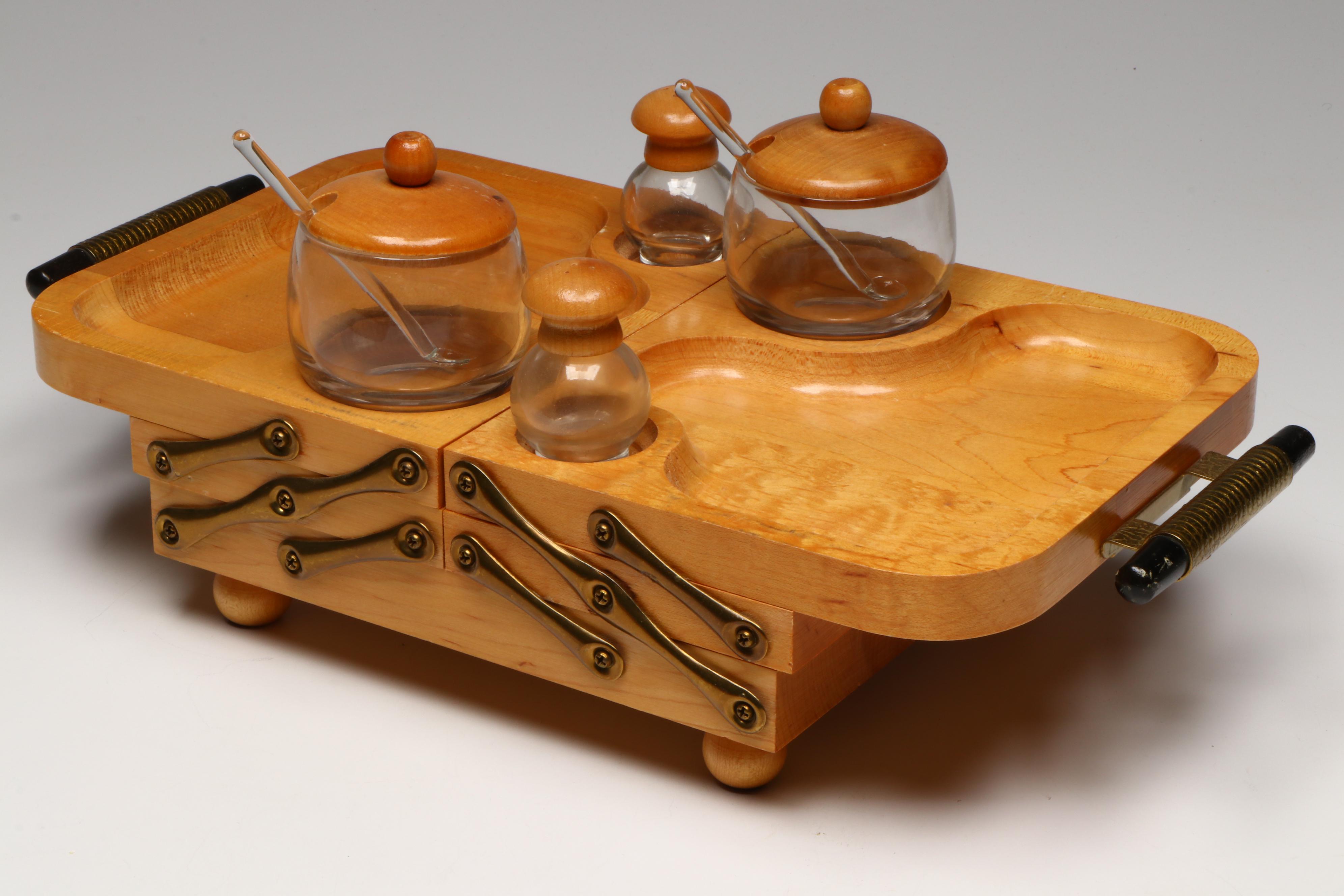 Mid Century Modern Karoff Wood Footed Serving Tray with Margaret Studios Tray